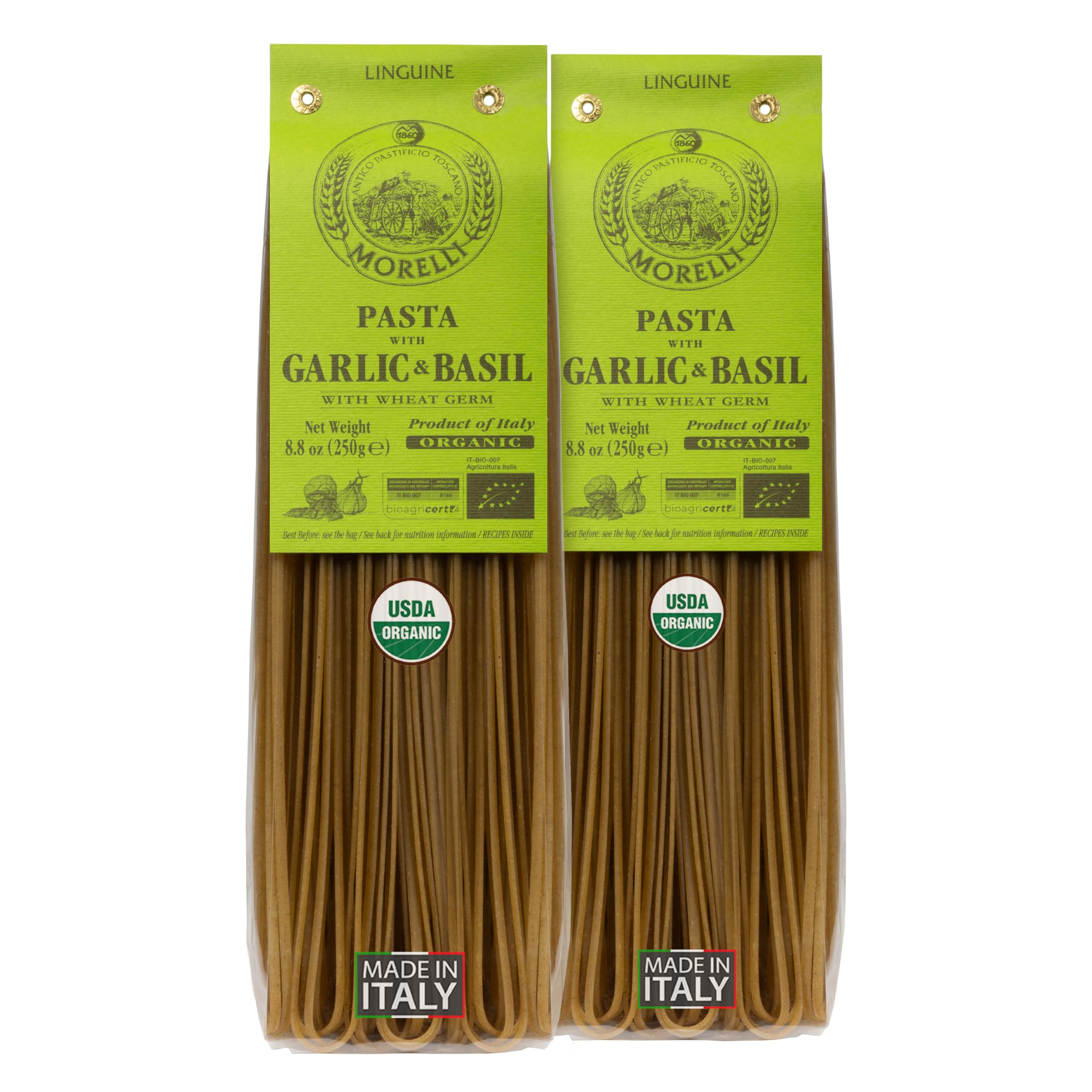 Morelli Organic Garlic and Basil Linguine Pasta - Gourmet Noodles Handmade in Small Batches, Durum Wheat Semolina, Al Dente, Italian Pasta from Italy - 8.8 oz / 250 g - Pack of 2