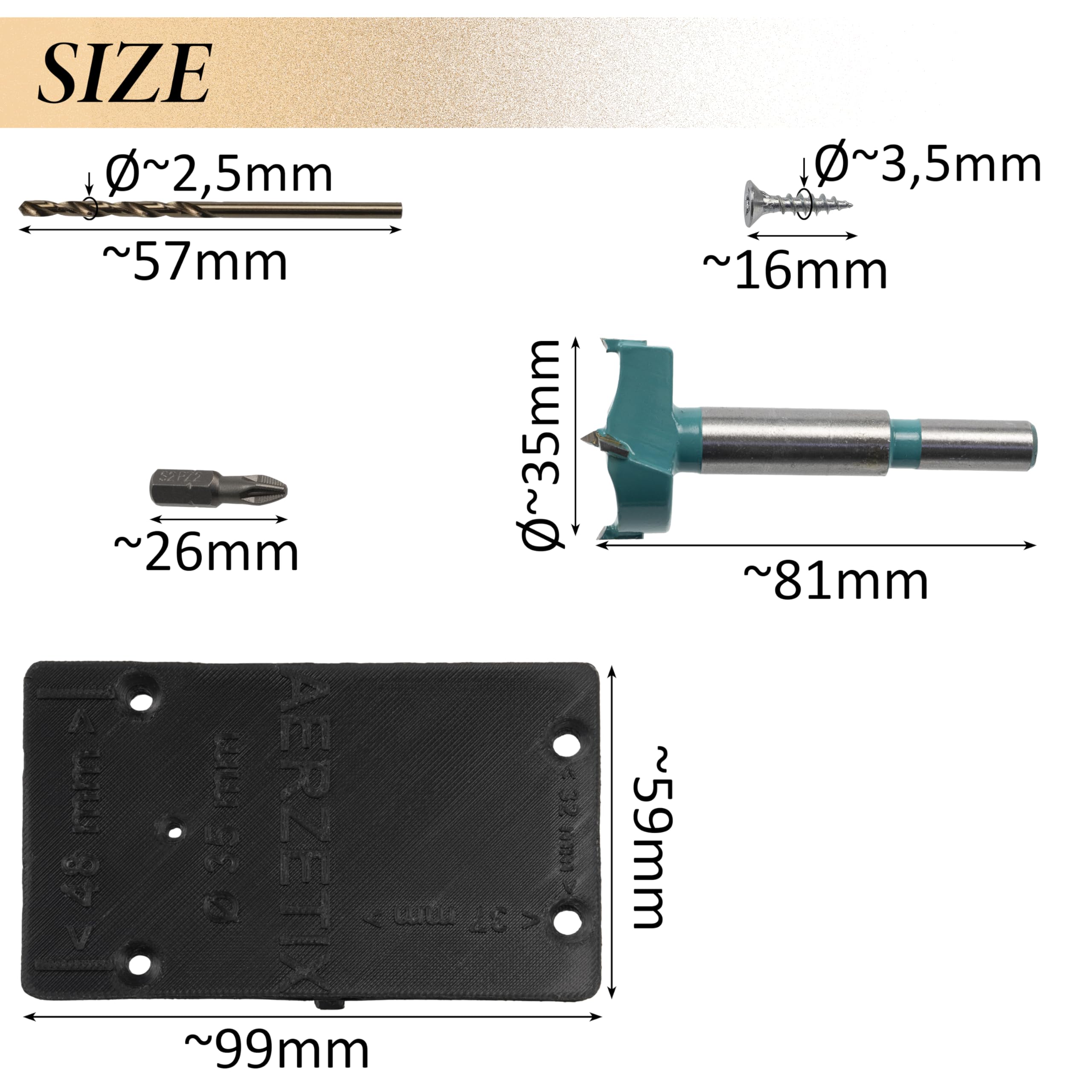 AERZETIX - Kit de 12 charnières invisibles à demi-recouvrement 110° avec gabarit de perçage Ø35 mm + foret à bois Ø35 mm + mèche à bois Ø 2.5 mm + 50 vis Ø3.5x16 et embout 1/4 PZ2