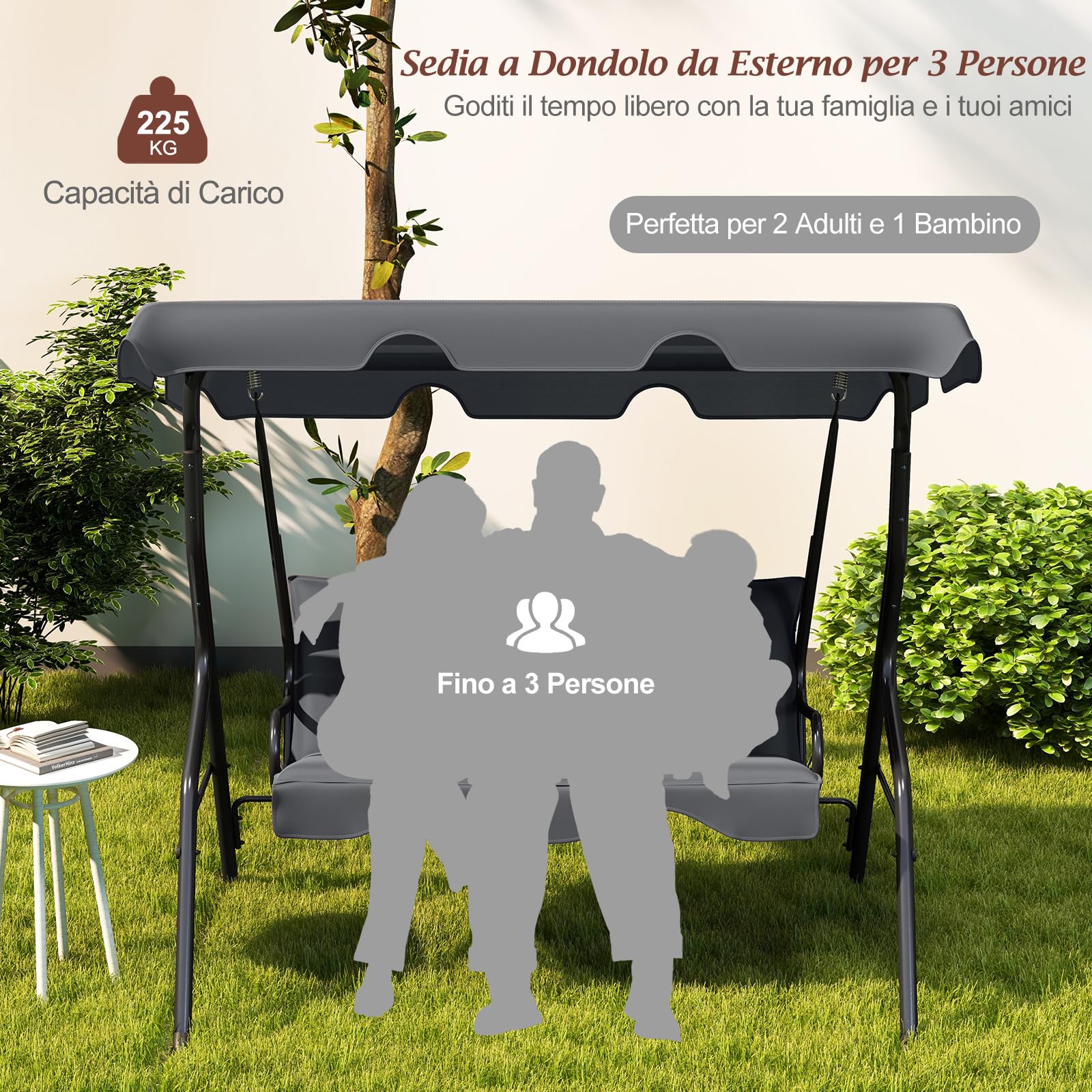 RELAX4LIFE Dondolo da Giardino a 3 Posti, con Tettuccio Parasole Regolabile, Cuscini Imbottiti, Braccioli, Telaio in Acciaio, per Balcone, Terrazzo, Patio, Veranda (GRIGIO, 3 POSTI- 2026)