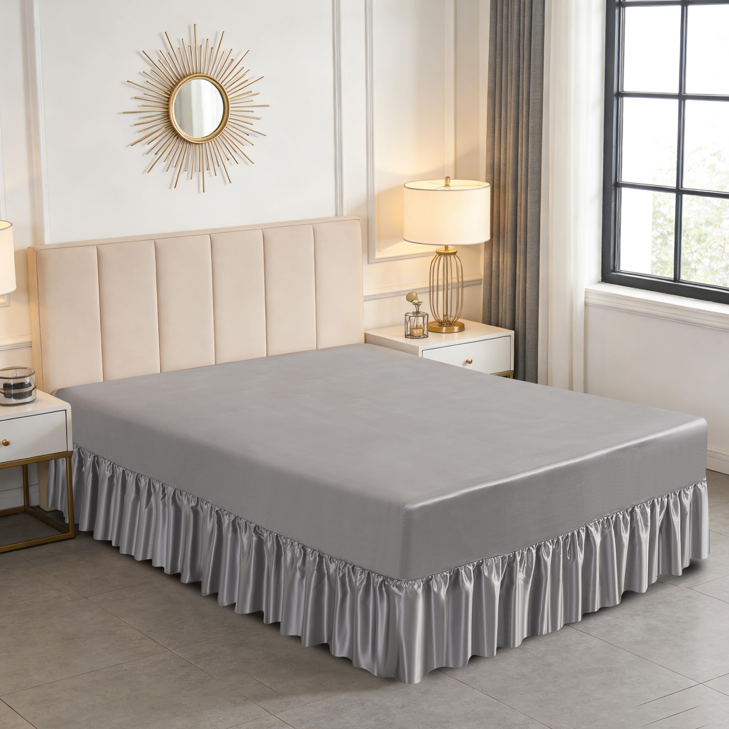 BOSKI LONDON Luxury Satin Valance Sheet | Deep Fitted Sheet 30cm with 35cm Bed Skirt | Smooth Satin Bedsheet Base Cover | Hotel Style Fitted Sheet Single Double King (SILVER, SINGLE)