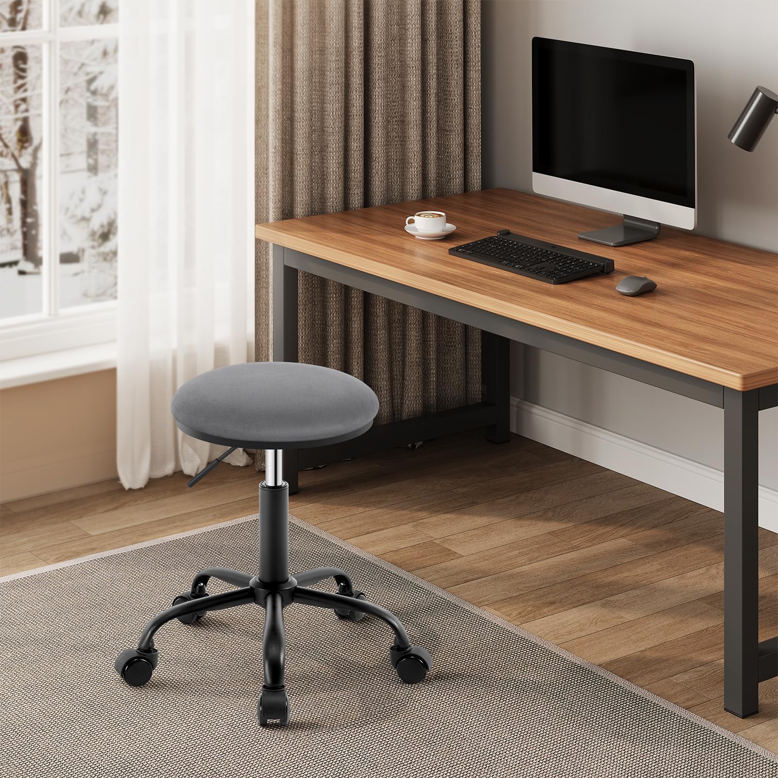EUGAD Rollhocker höhenverstellbar, Drehhocker mit Rollen, runder Hocker 360° drehbar, Bürohocker für Arbeitszimmer, Salon, Samt, Dunkelgrau