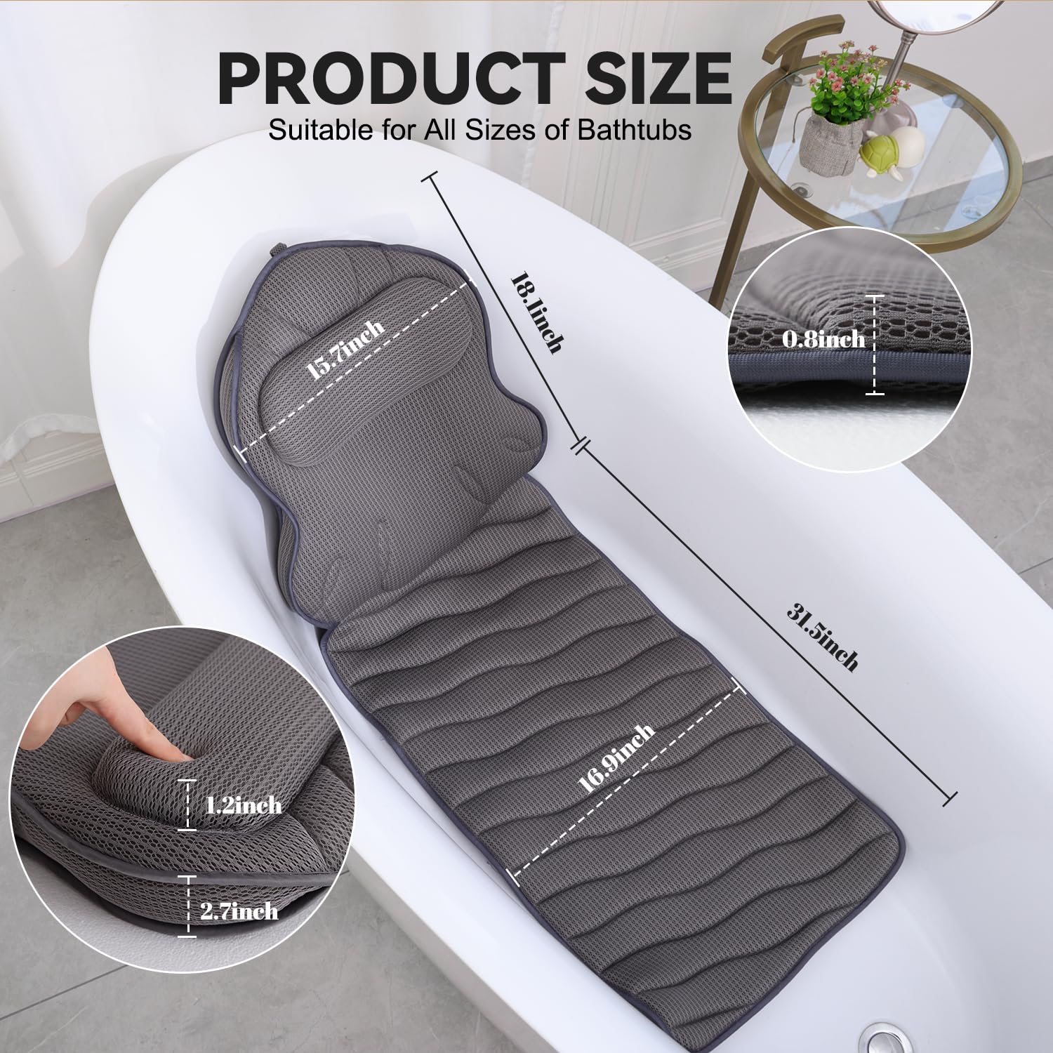Extra Thick Full Body Bath Pillow with Head, Neck & Back Support