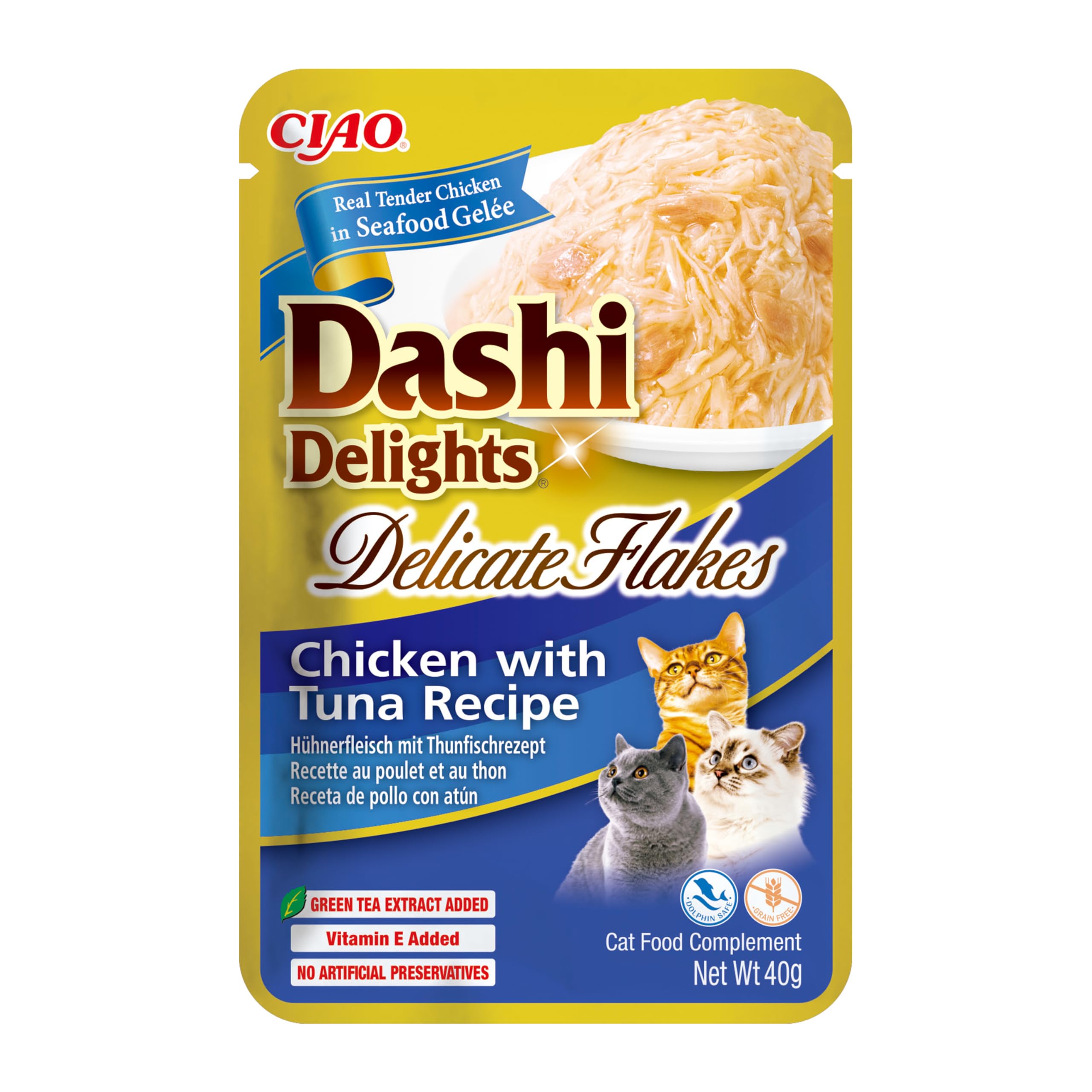 INABA Dashi Delights Delicate Flakes, Wet Food for Cats with Chicken and Tuna, Flakes in Fish Broth, Rich in Protein, Natural Ingredients, Complementary Meal, 1 Pack of 40g