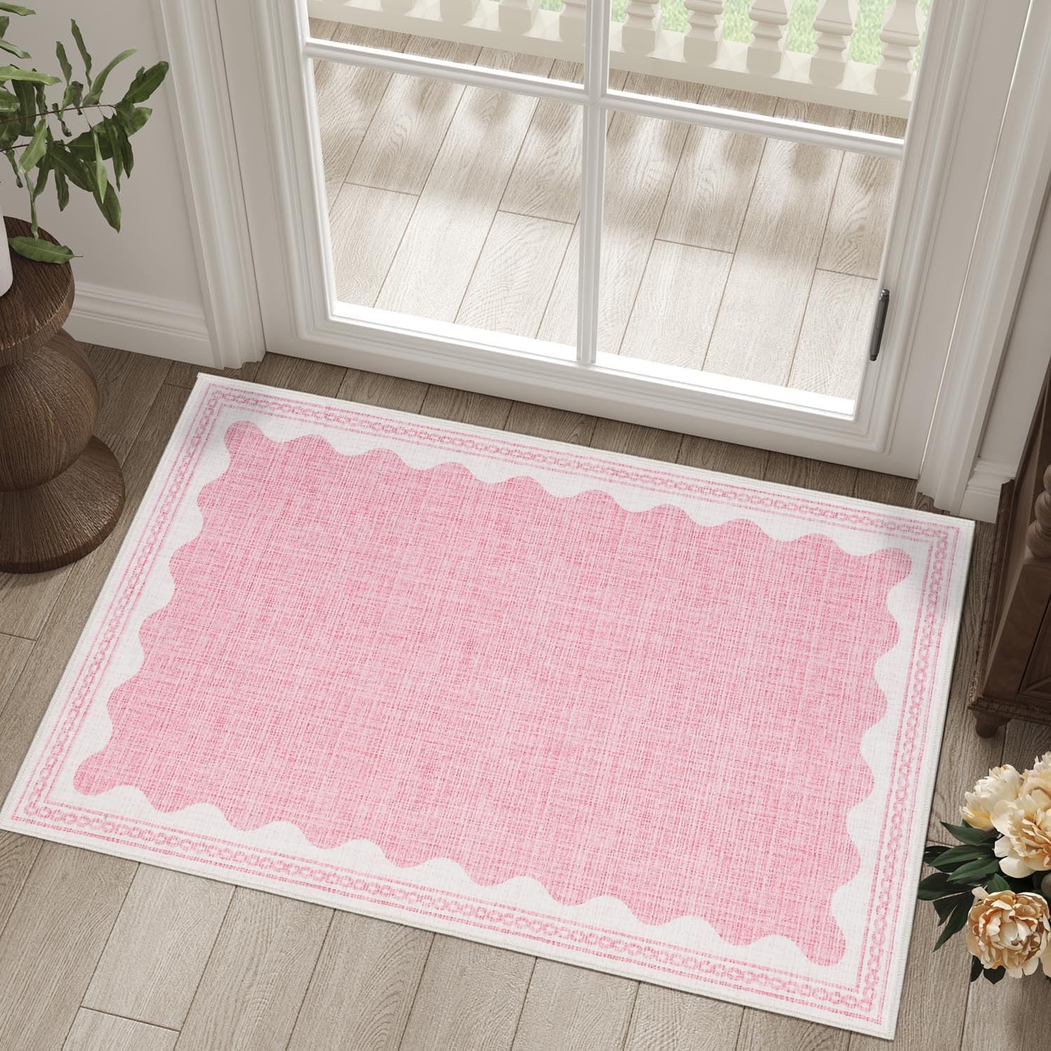 CAREMEE Scalloped Rug 2x3 Rugs for Entryway, Solid Pink Rug for Bedroom Girls, Small Washable Rugs Non Slip Scalloped Bath Mat, Front Door Mat Indoor