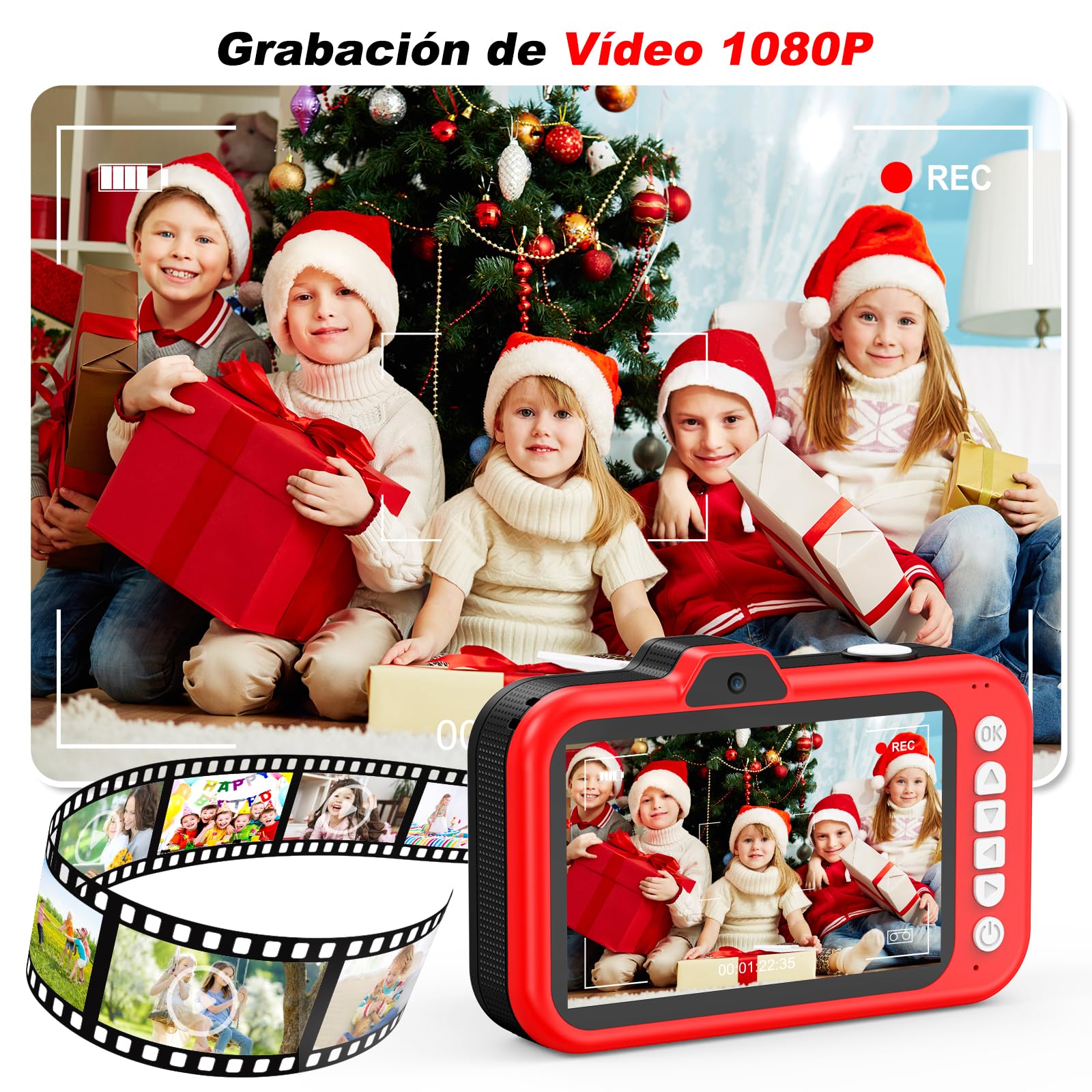 Camara Fotos Infantil, Pantalla Grande 3,5", Zoom Giratorio 360°, Camara Digital Video Niños 1080P HD con Selfie, Flash LED, Tarjeta SD 32G, Regalo para niñas y niños 3 4 5 6 7 8 9 10 11 12 años(Rojo)