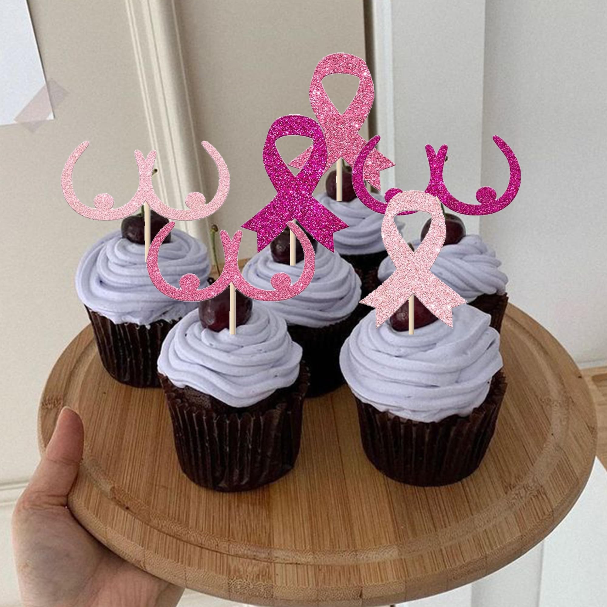 SYKYCTCY 36 Pack Breast Cancer Awareness Cupcake Toppers Glitter Ribbon Fight Beliveve Hope Cupcake Picks Believe Hope Pink Ribbon Cupcake Decorations Party Supplies Multi - Image 3