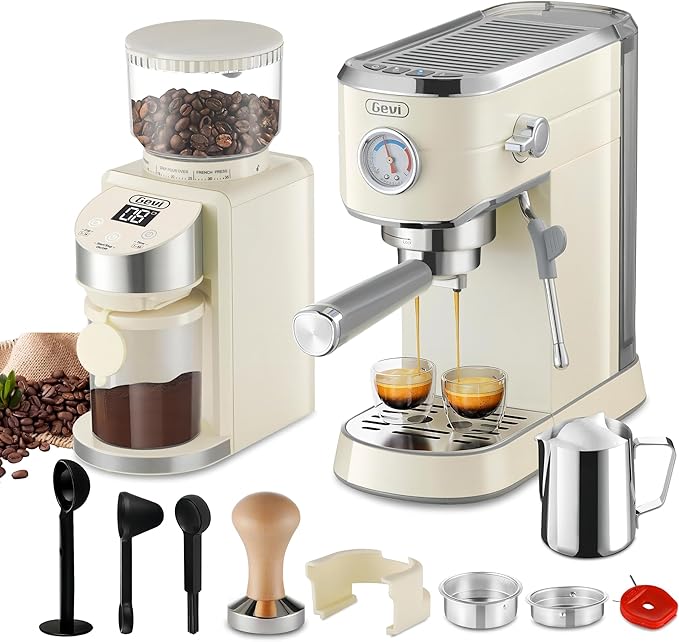 Gevi 20 Bar espresso machine with grinder and accessories