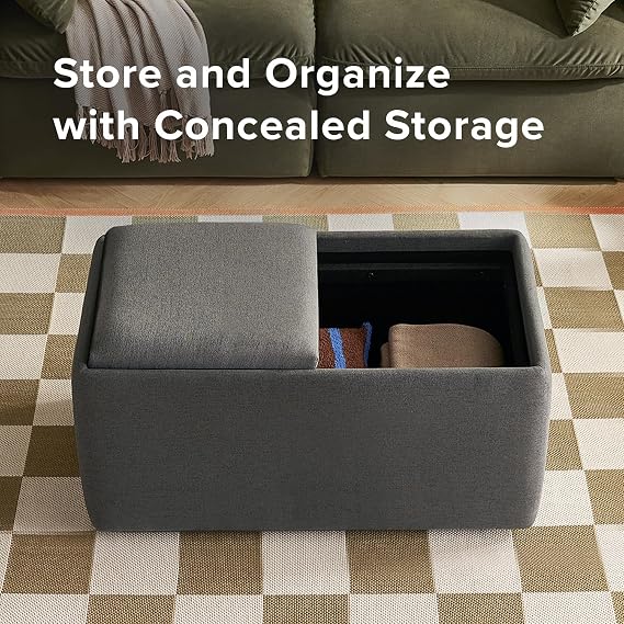 mopio Levi Storage Bench with Reversible Tray, Modern Storage Coffee Table, Bedroom Bench, Rectangular Cube Upholstered Coffee Table Ottoman for Living Room, Bedroom, Entryway (Fabric, Dark Gray)