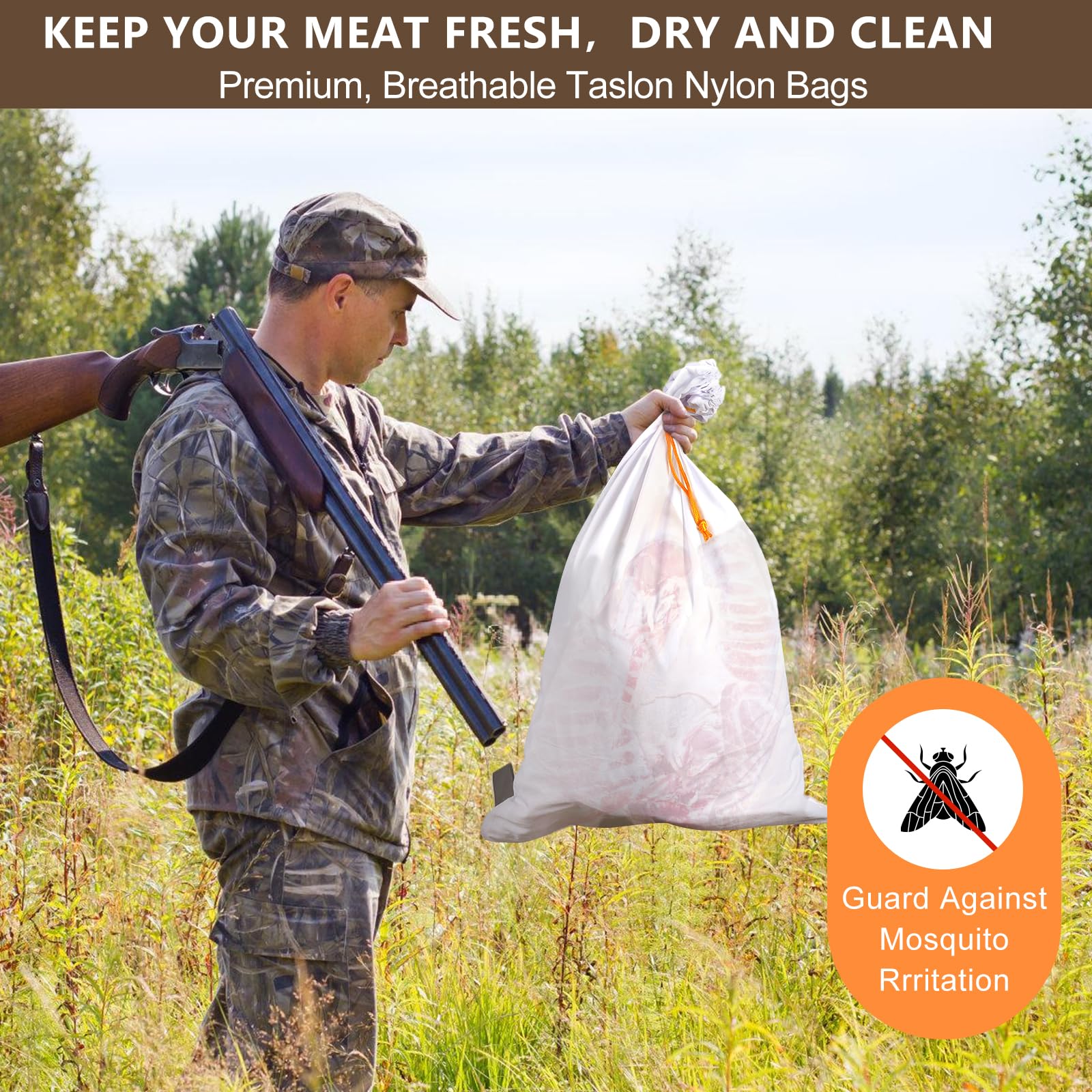 Bolsas de caza de ciervos reutilizables de 33 pulgadas con cordón resistente para caza de carne con tira reflectante, paquete de 5 unidades