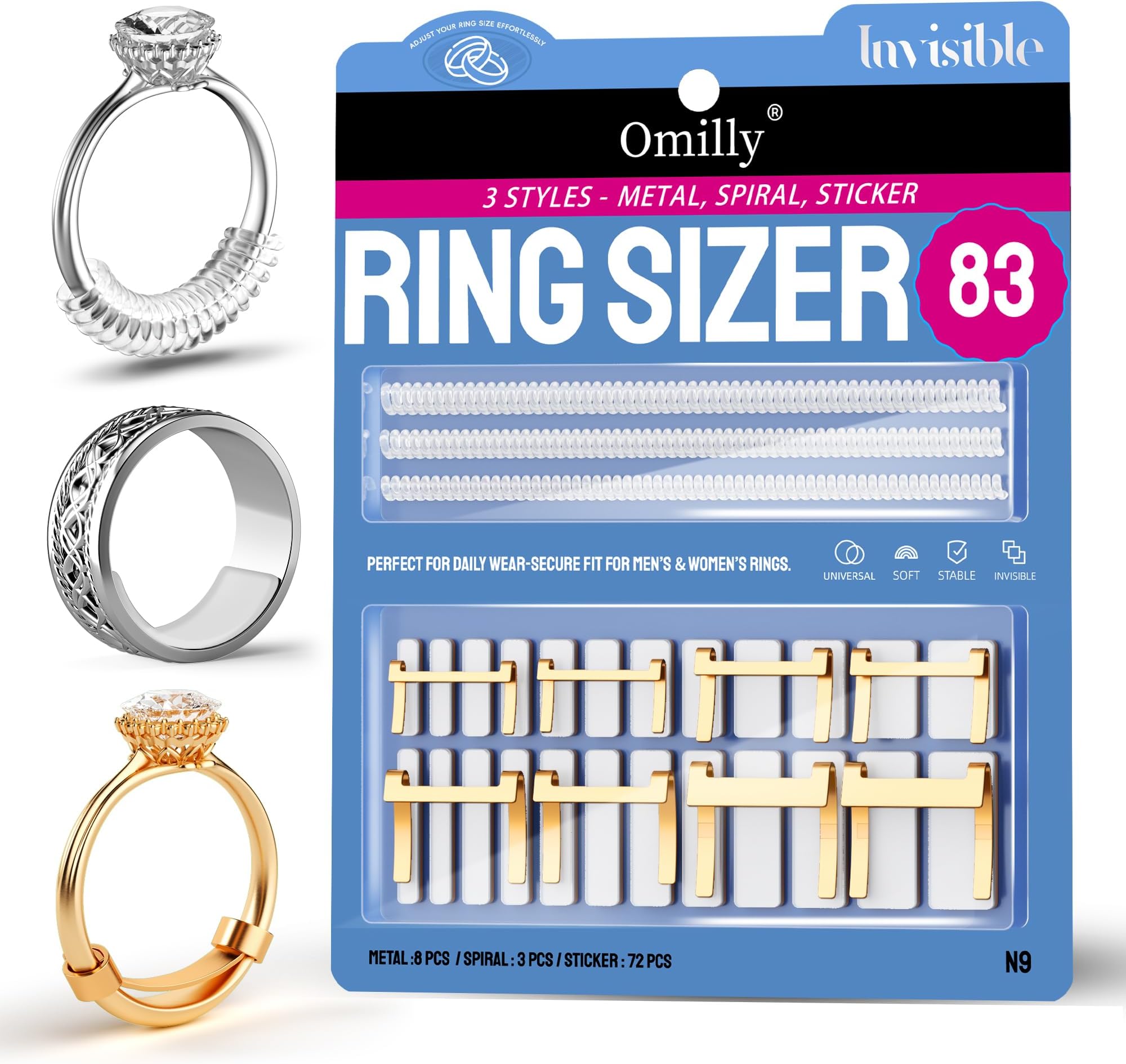Ring Sizer Adjuster for Loose Rings, 83 Piece Set with 3 Styles (Metal Ring Guards, Spiral Coils, Sizing Strips), Ring Spacer Fits Ring Widths 1-10mm, Invisible Resizing Solution for Women & Men