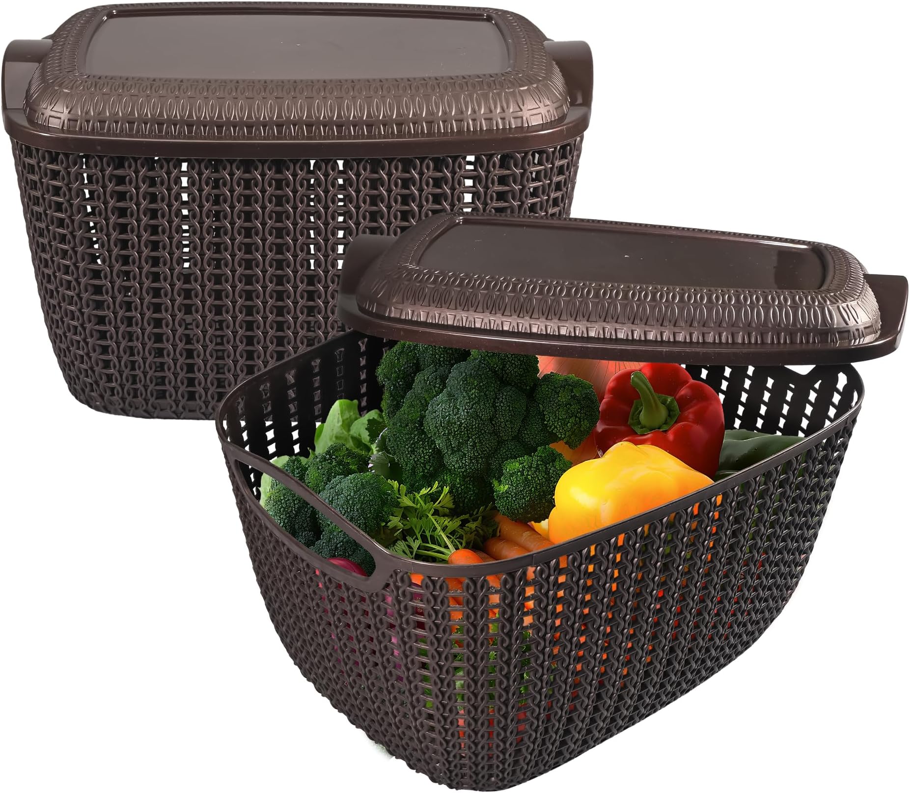 Kuber Industries 2 Pcs Plastic M 30 Basket for Storage Vegetables and Fruits with Lid | Lightweight & Ventilated Cosmetics/Large Toiletries Basket for Bathroom and Home | Brown