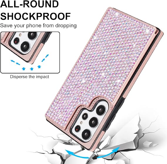 Guppy for Galaxy S26 Bling Wallet Case with Women with Credit Card Holders, PU Leather Flip Glitter Rhinestone Phone Case, Kickstand Card Slots Drop Protective Shockproof Flip Case-Rose Gold