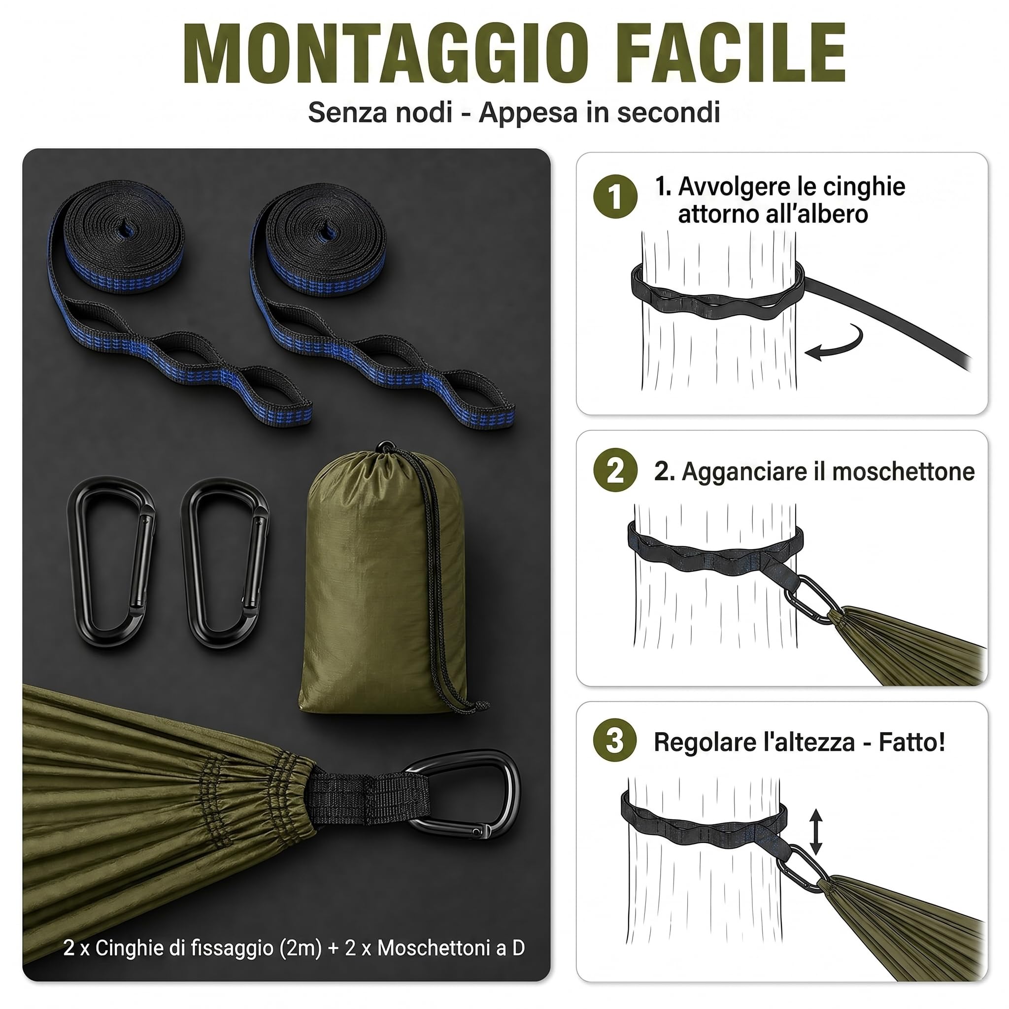 Amaca Doppia Ultraleggera Verde Militare 300 kg per Esterno Campeggio con Cinghie e Anelli a D