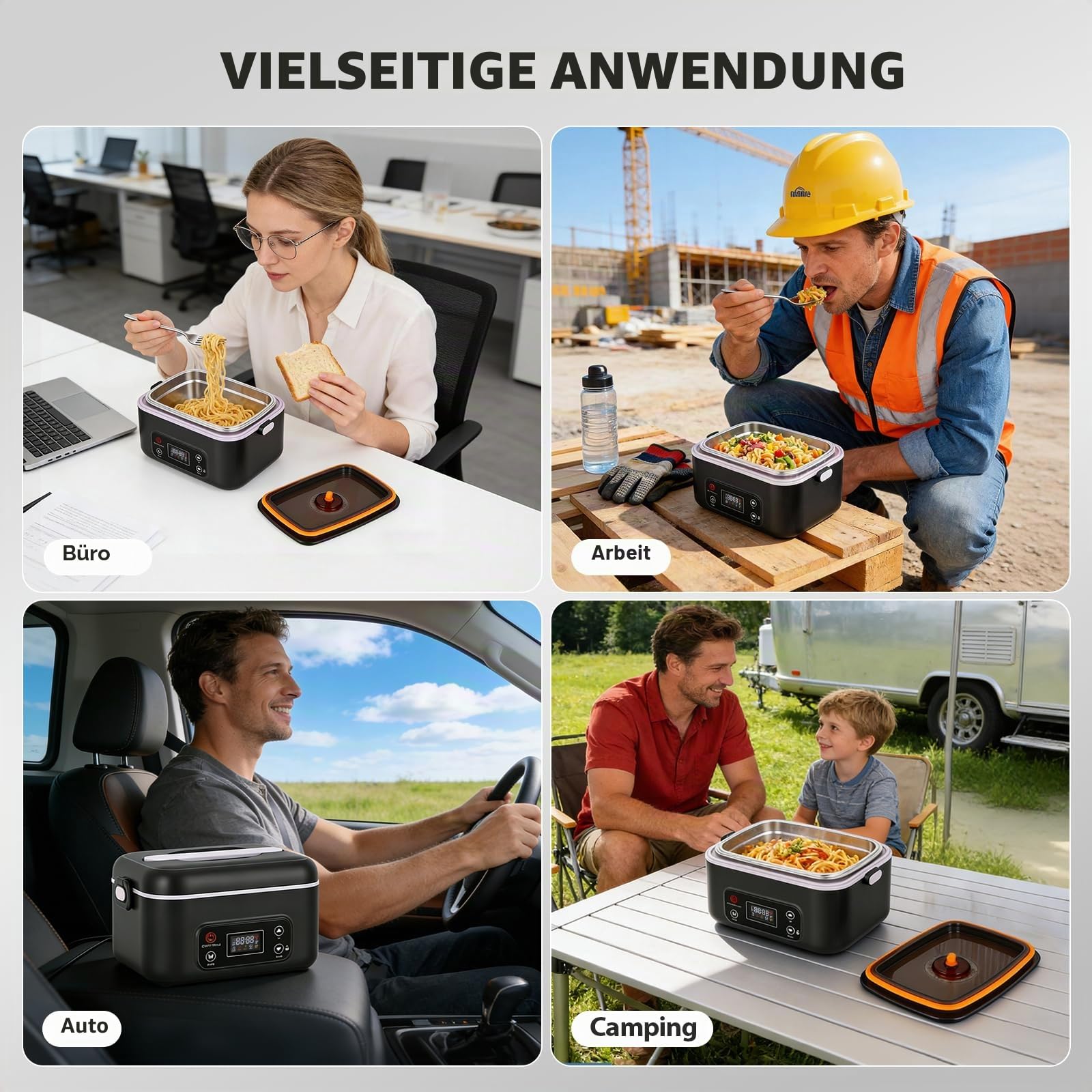 Elektrische Lunchbox mit 100W Rundum-Heizung, 24000mAh Akku, Temperatursteuerung (80–105°C), Timer & Warmhaltefunktion, 1300ml Edelstahl-Behälter, auslaufsicher – Ideal für Arbeit, Baustelle, Büro