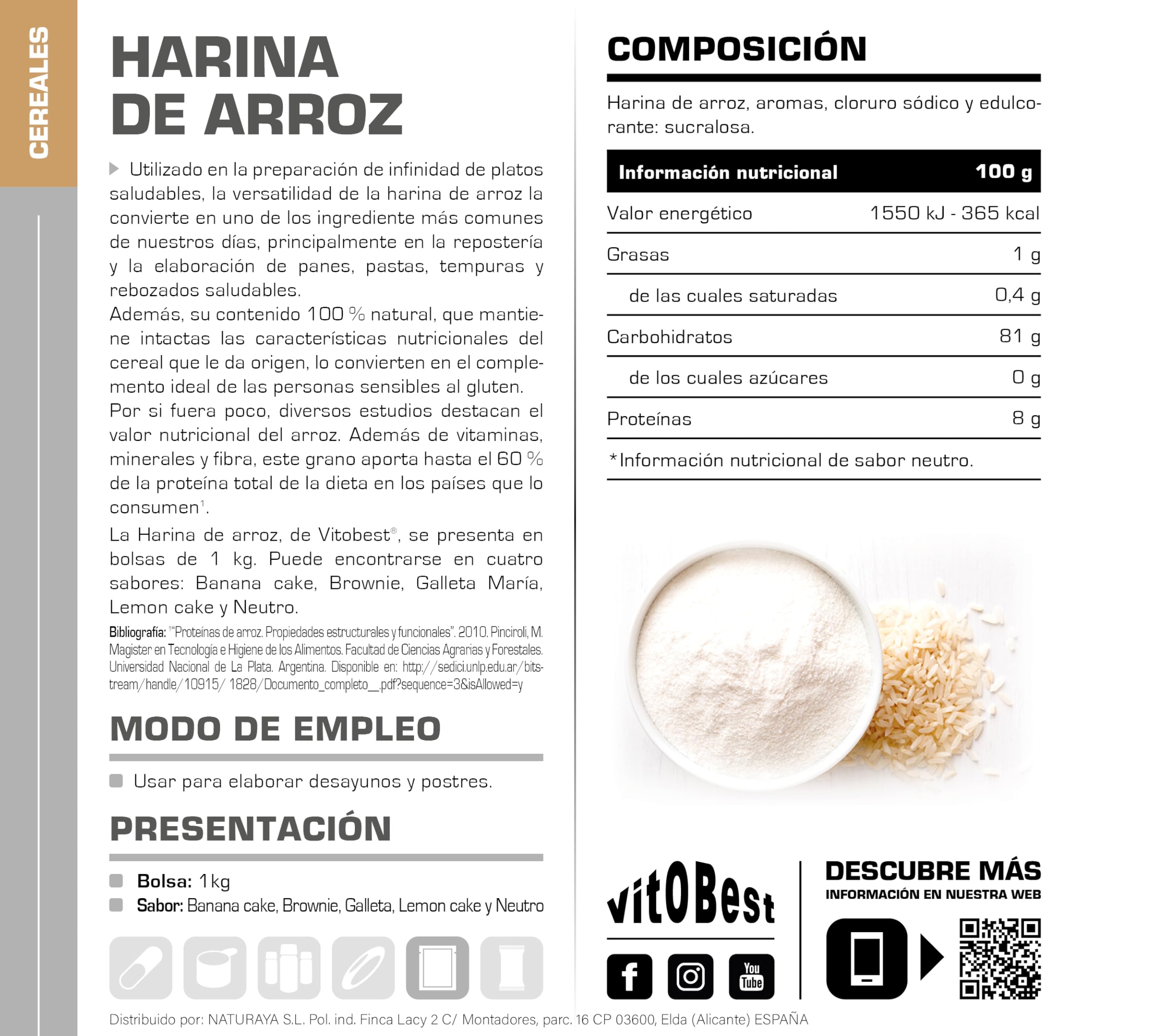 VITOBEST Harina de Arroz 1 kg Bajo Índice Glucémico 100% Natural