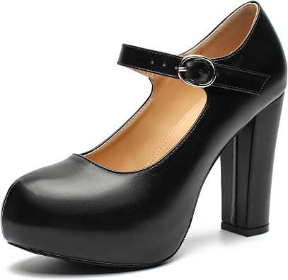 fereshte Womens Mary Jane Platform Pumps, 4 Inch Chunky Heel with Ankle Strap, Round Closed Toe Dress Shoes Comfortable Dress Shoes