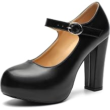 fereshte Womens Mary Jane Platform Pumps, 4 Inch Chunky Heel with Ankle Strap, Round Closed Toe Dress Shoes Comfortable Dress Shoes