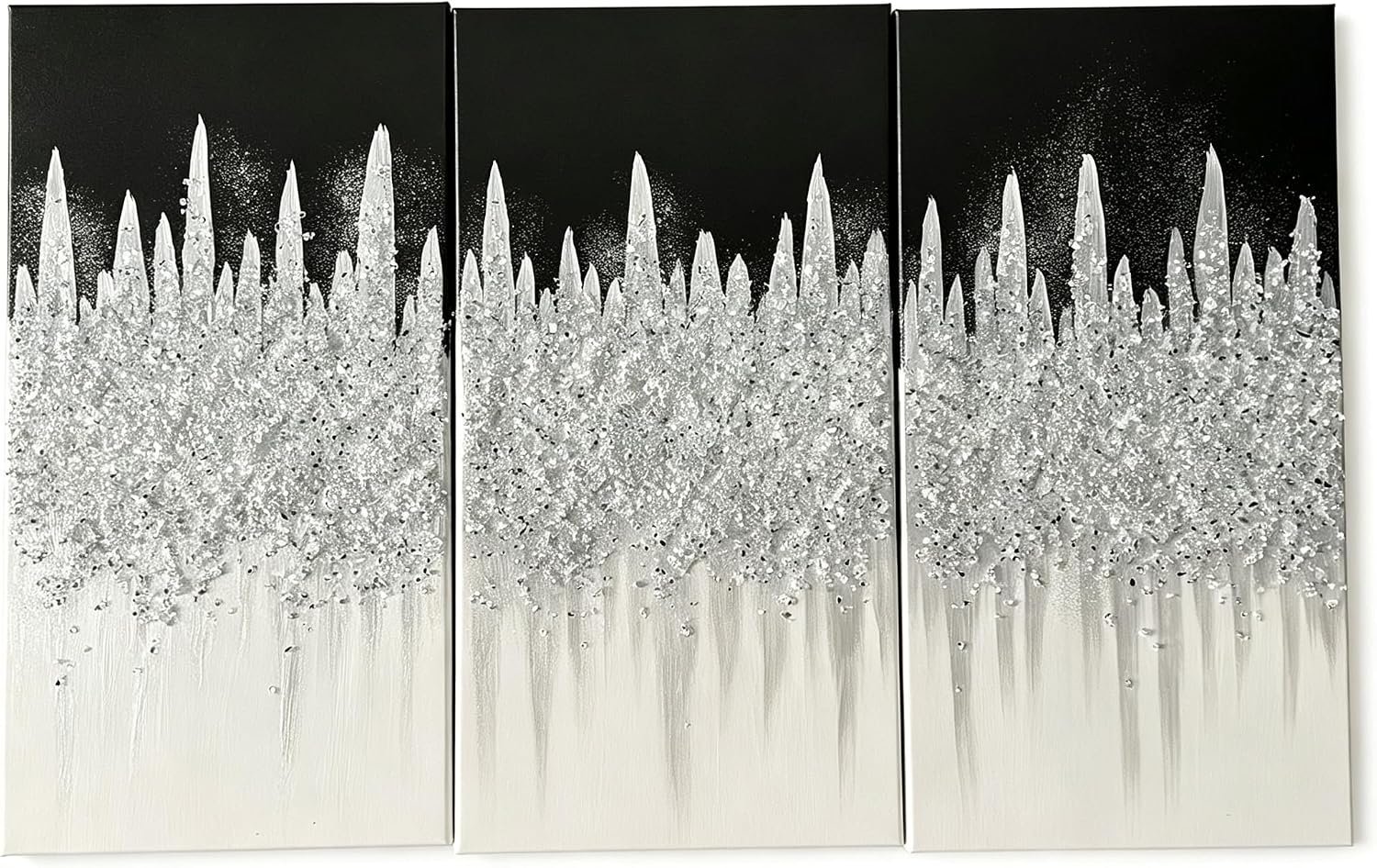 Genius Decor - Black White and Silver Crushed Glass Wall Art Set of 3, Glitter Abstract Canvas Painting, Modern Textured Wall Decor for Living Room Bedroom Bathroom Office, Luxury Sparkle Glam Artwork 3 Panels (Black, 12"x24"x3)