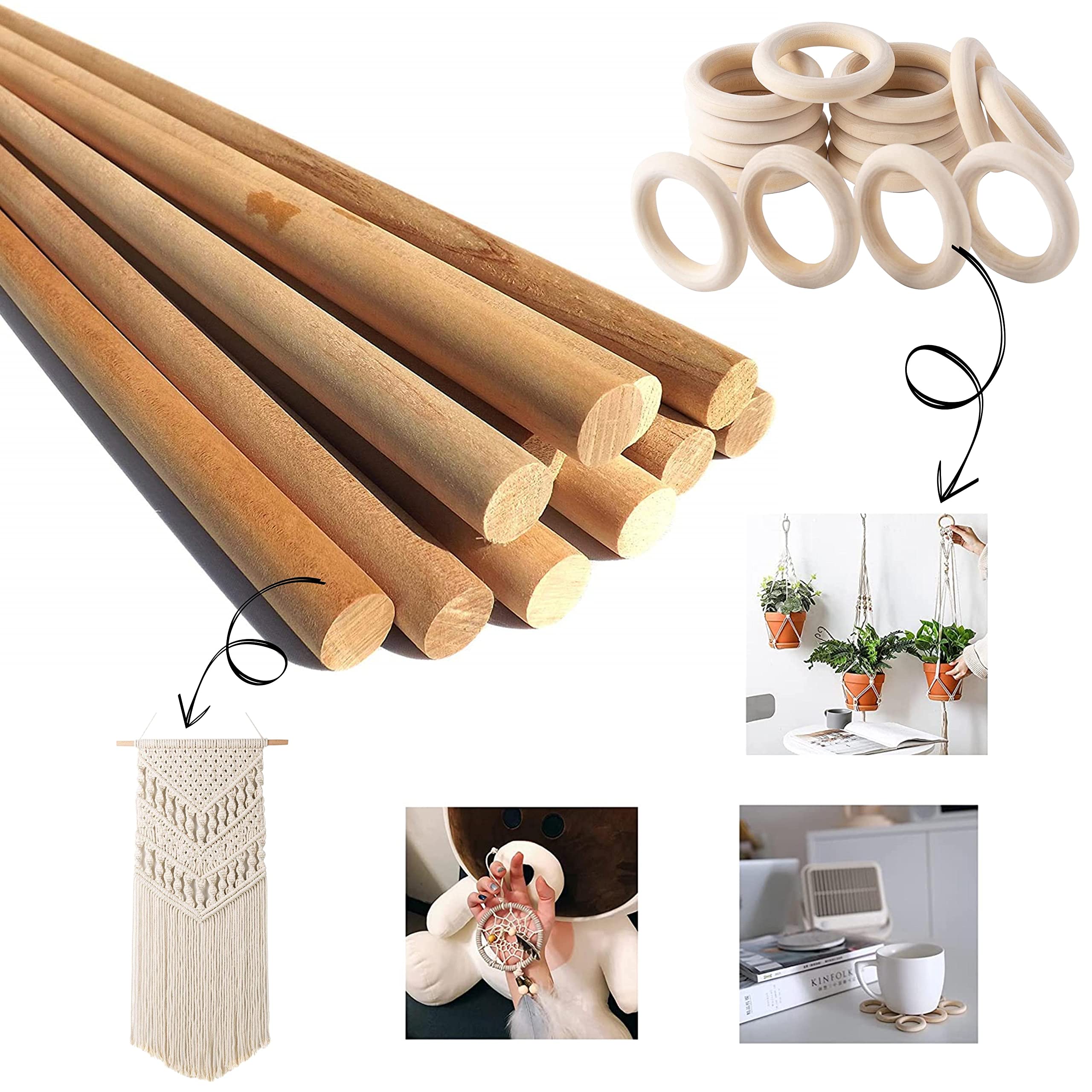 ecofynd 15pcs Easy Craft DIY Kit for Adult Beginners, Wood Dowels or Wooden Rings, Solid Hardwood Sticks or Natural Wood Rings, Unfinished Wood Circles for Crafting, Cotton, DIY (KIT008)-image-36