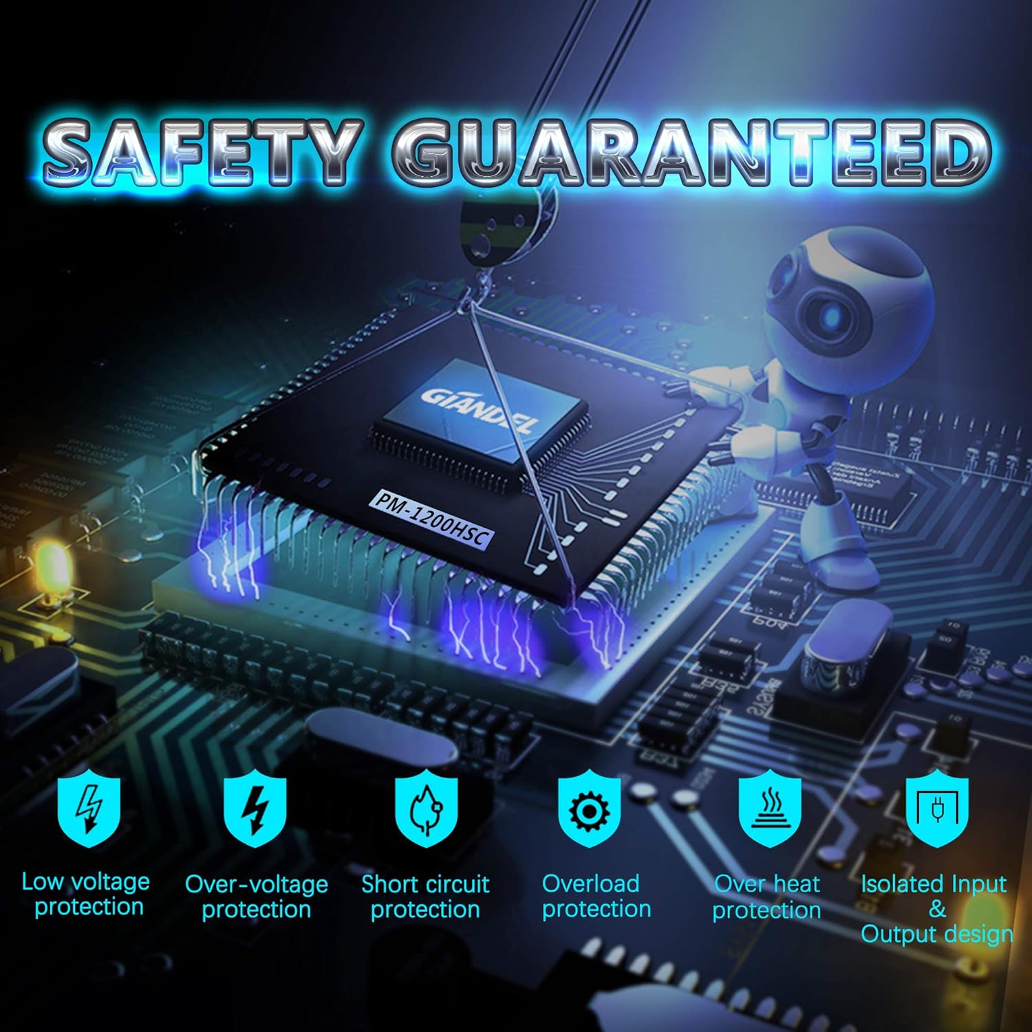 Diagram illustrating the safety features of the Giandel power inverter, including low voltage protection, over-voltage protection, short circuit protection, overload protection, over heat protection, and isolated input/output design.