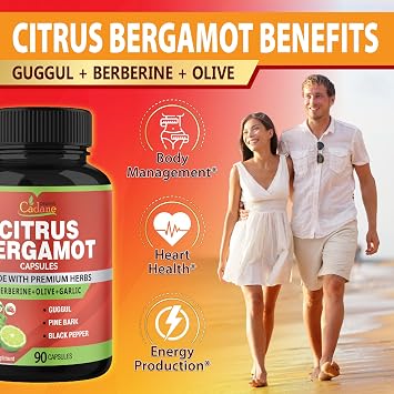 Organic Cadane Citrus Bergamot Supplement Extract Capsules, 90 Capsules & Berberine, Olive, Guggul, Garlic, Pine Bark, Black Pepper | Supports Overall Health, Immune System | 3 Months Supply