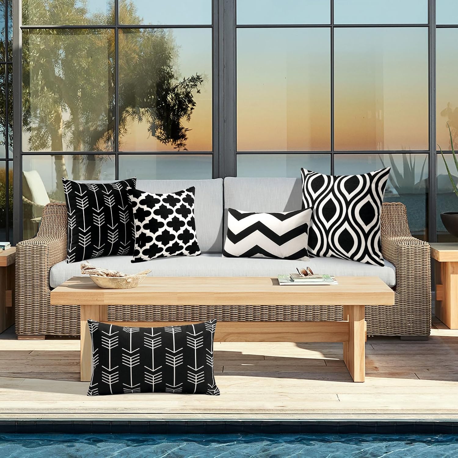 OTOSTAR Pack of 4 Outdoor Waterproof Throw Pillow Covers 18x18 Inch Decorative Outdoor Pillow Covers Garden Modern Black Geometric Cushion Cases for Patio Furniture Couch Ten Bench (Black)