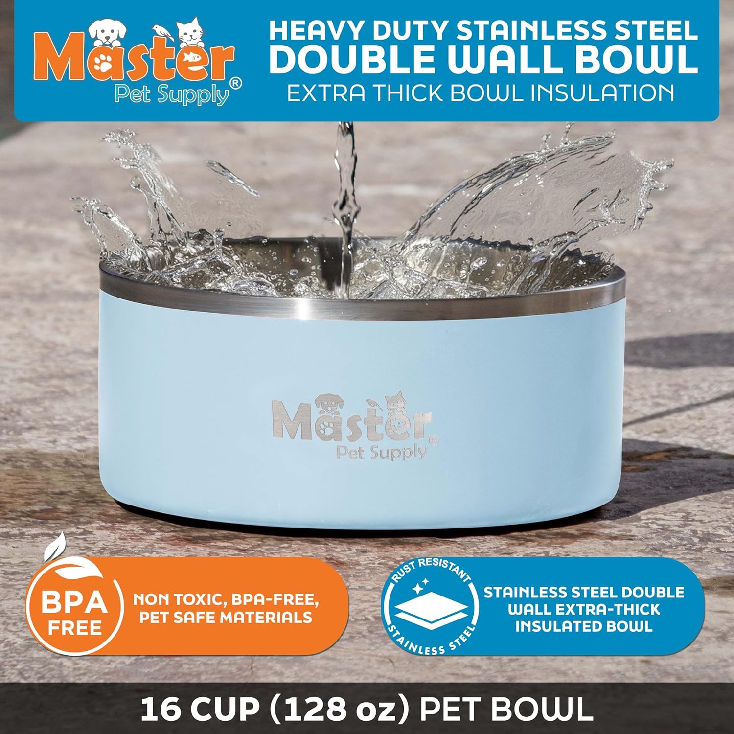 Master Pet Supply Stainless Steel Dog Bowls - 128 oz, Heavy Duty - Glacier Blue, Double Wall Extra-Thick Insulated, Non-Slip Pet Water Bowl for Dogs, Cats & Pets, Anti Rust Metal, Dish Washer Safe
