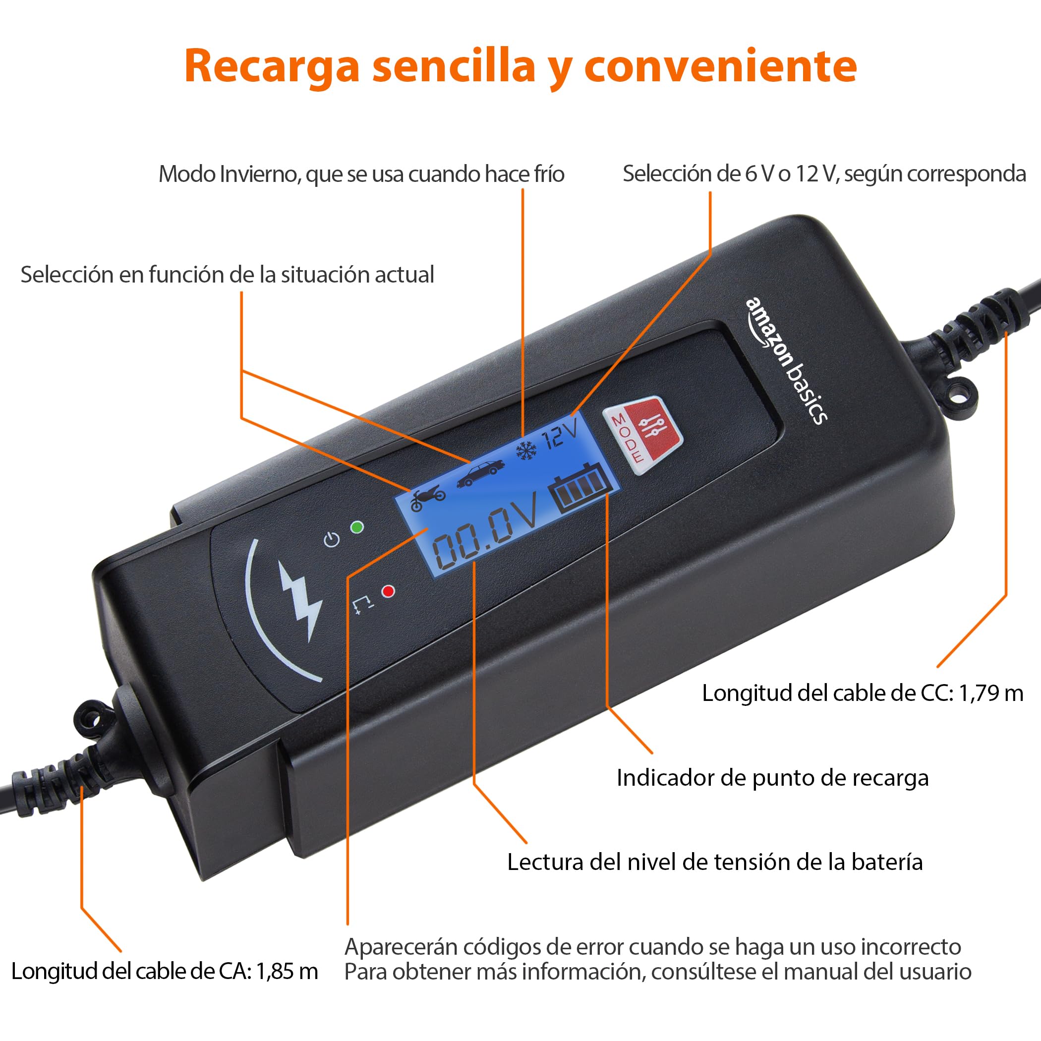 Amazon Basics Cargador de batería inteligente automático con función de probador de batería, enchufe UE, salida : 2A/4A, 6V/12V CC, Negro