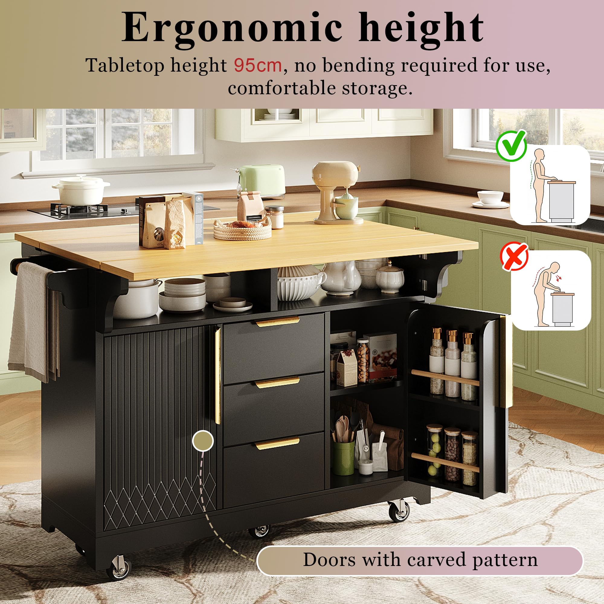 Isola da cucina multifunzionale con estensione tavolo da pranzo, ante con motivo verticale, vano portaoggetti con cassetti, piano pieghevole su entrambi i lati, credenza da cucina su ruote