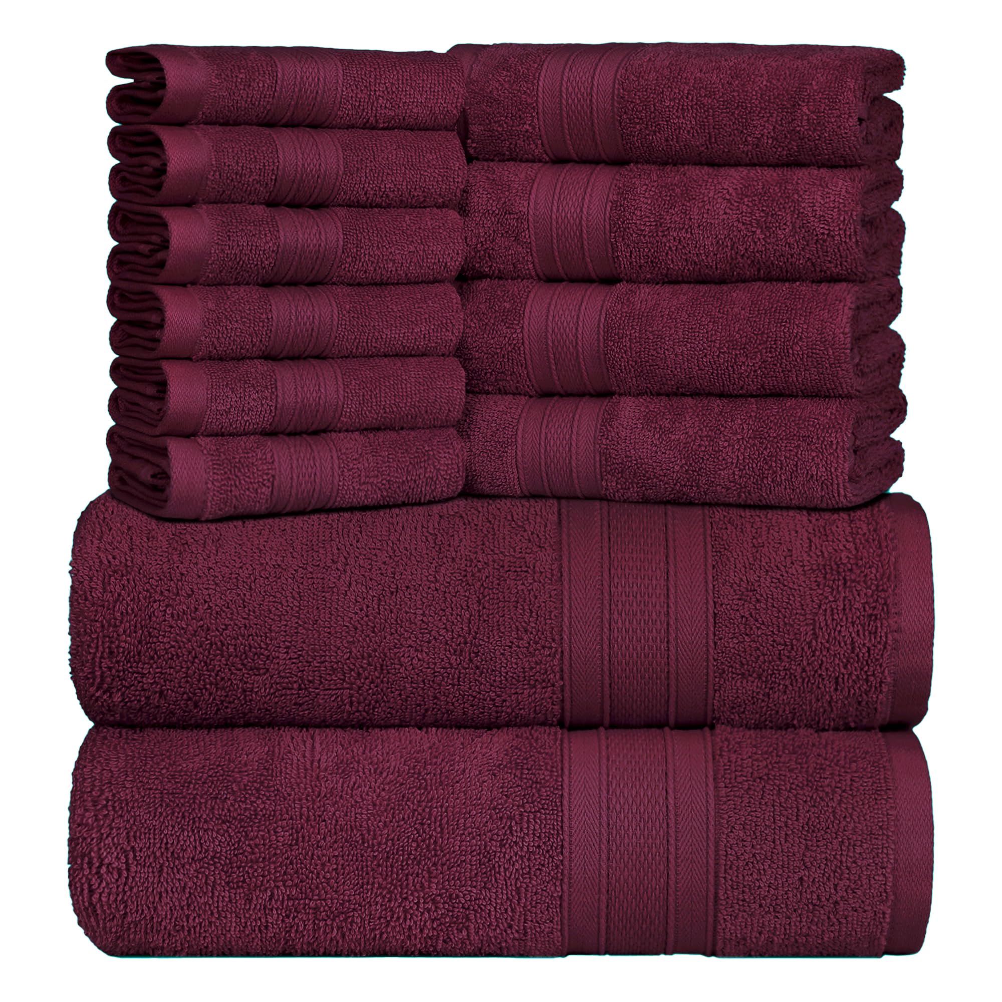 Trident Soft Comfort Air Rich Towels for Bath, 100% Cotton Towel, Super Soft, Highly Absorbent, 12 Pieces Towel Set, 500 GSM - Red Wine