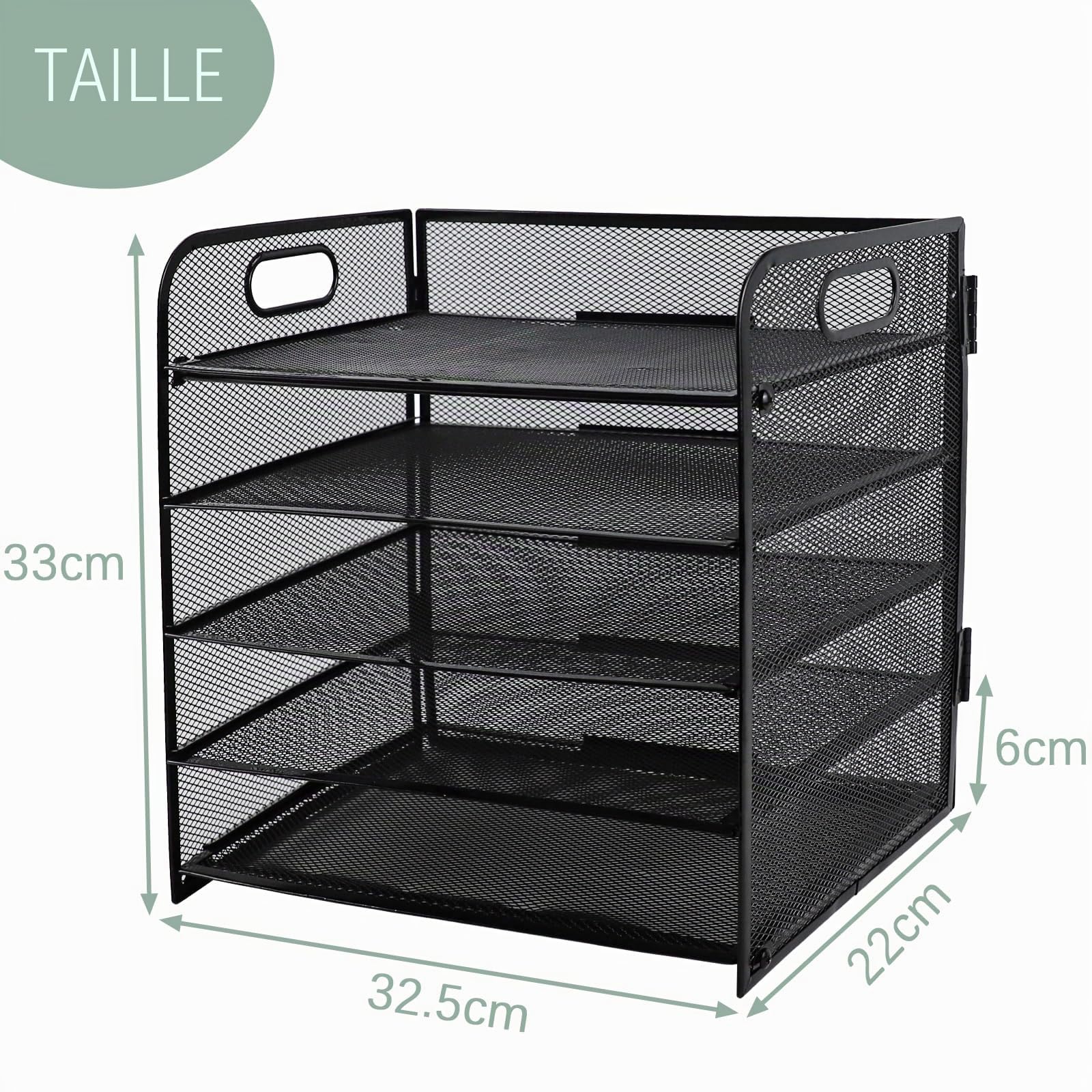 Lot de 2 corbeilles à courrier avec poignée, organiseur de bureau en maille métallique à 5 niveaux, plateaux pour papier A4, porte-revues et porte-documents