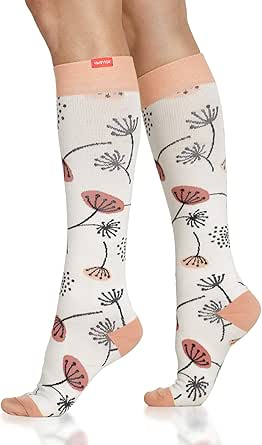 VIM &amp; VIGR Cotton 15-20 mmHg Graduated Compression Socks for Women &amp; Men (Cream &amp; Salmon Wishes, Small/Medium)