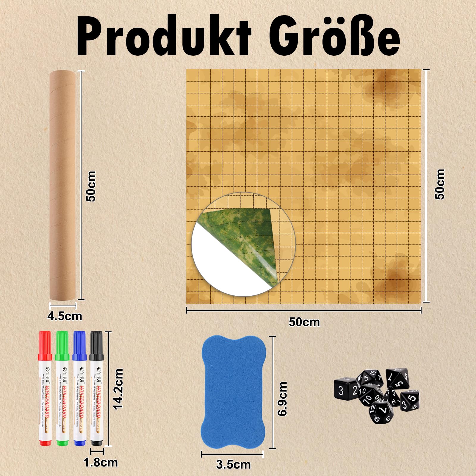 Dungeon Grid Game Mat Doppelseitige Rpg Matte 50x50cm Trockenlöschmatte Würfel für DND Zubehör mit 4 Trocken Abwischbare Marker 1WhiteboardRadierer 7 Würfel für Kriegsspiele Brettspiele Accesorie