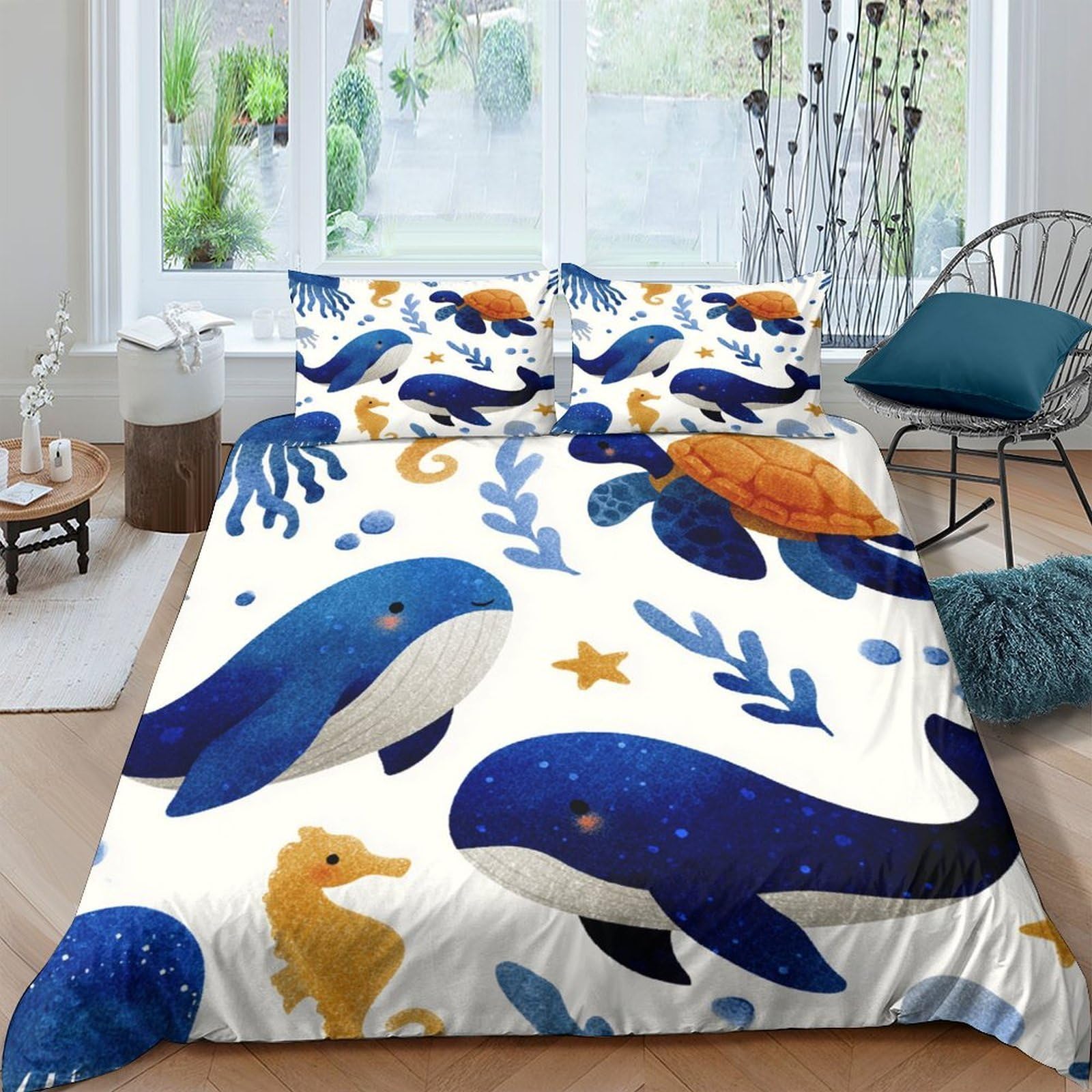 Ctjqhvkz Style-3 3D Printed Ocean Whale Fitted Sheet Microfiber Soft Blue Sea Turtle Mattress Cover For Bedroom Dorm Decor Single（135X200cm）