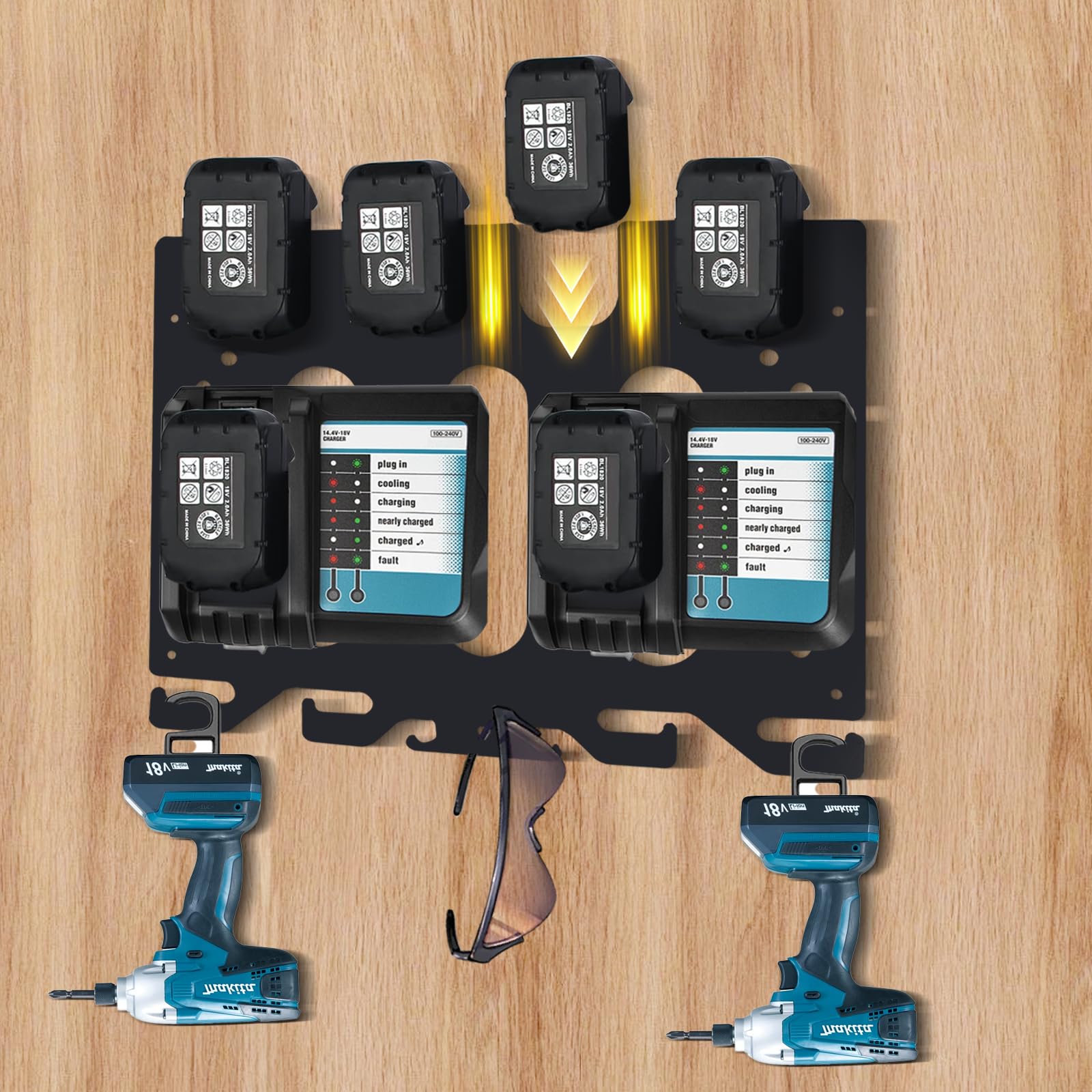 Wandhalterung für Makita Akkus 18V/14,4V, Ladegeräte und Akku-Bohrschrauber,Makita wandhalterung für 4 Akkus+ 2 Ladegeräte + 4 Akku-Bohrmaschine,Ordnung in werkstatteinrichtung und garagen zubehör