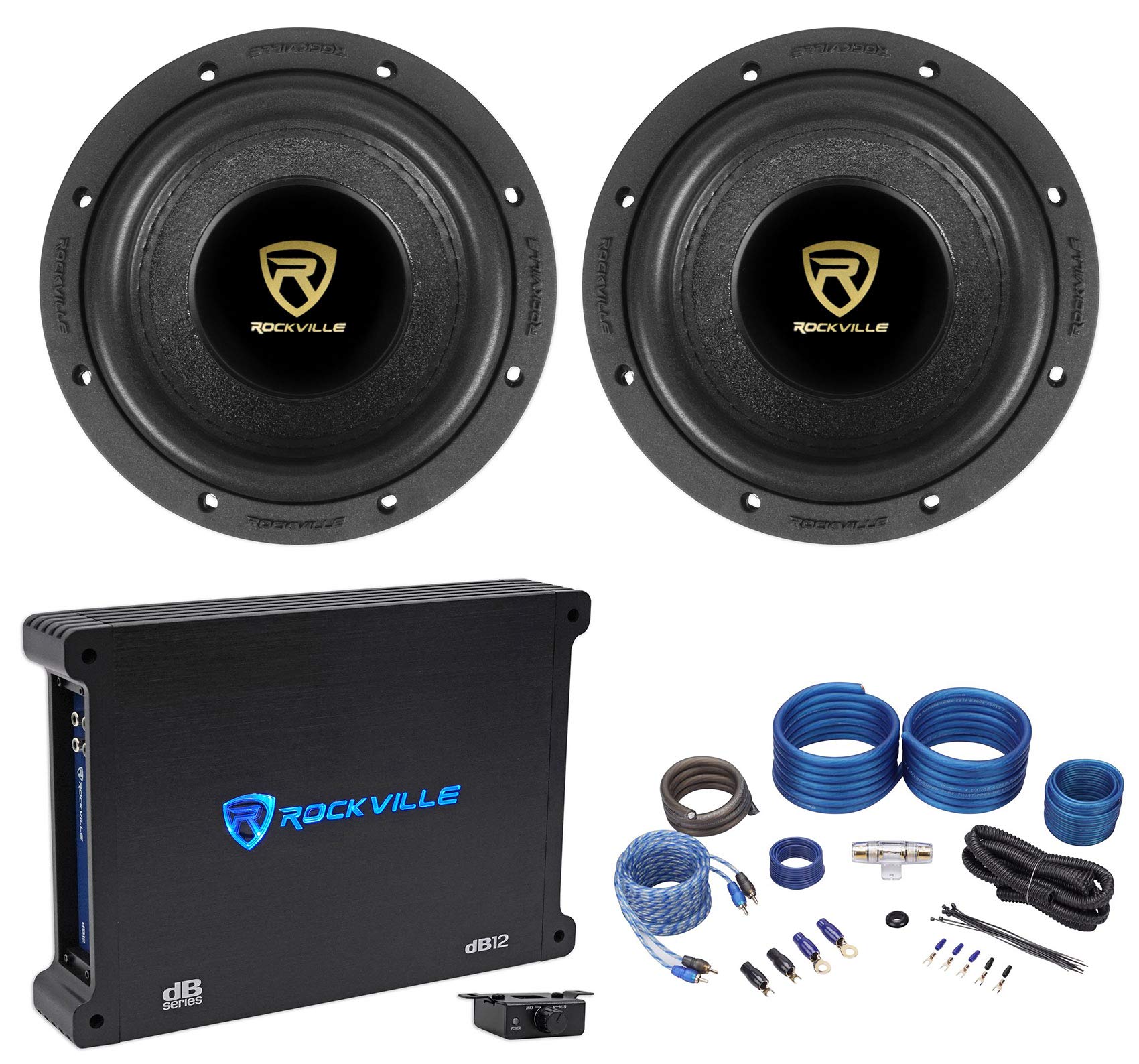 (2) Rockville W65K9D2 6.5" 1000 Watt Car Audio Subwoofers+Mono Amplifier+Amp Kit