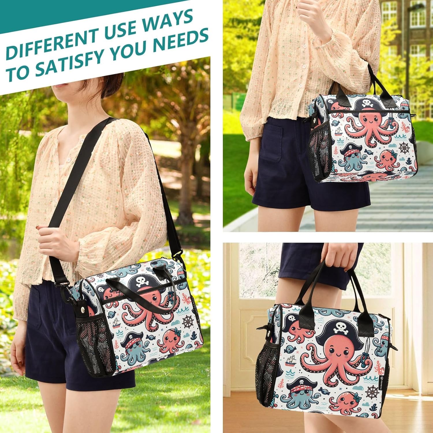 Adult Lunch Box Insulated Lunch Bag Cute Pirate Octopus Large Cooler Tote Bag for Work Picnic or Travel with Adjustable Shoulder Strap