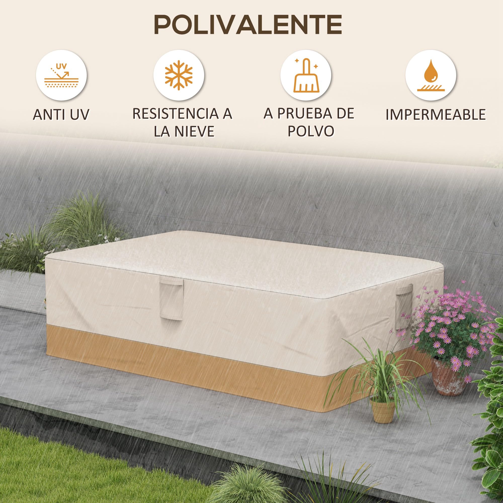 Outsunny Custodia protettiva per mobili da giardino 270 x 200 x 78 cm Tela Oxford 600 D impermeabile Copertura per divano tavolo esterno con 4 ventole 5 manici e cordino da trazione beige