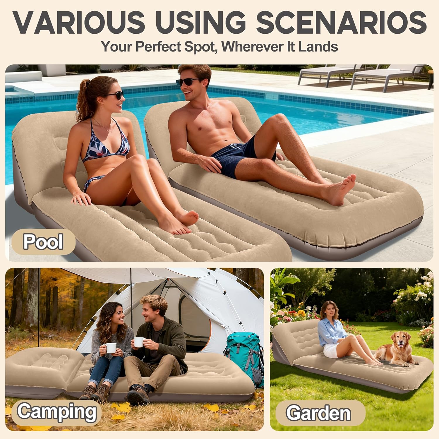 Luxfero Inflatable Couch for Camping, Air Mattress with Adjustable Backrest, Blow Up Couch for Adults with Flocked Surface, Portable Inflatable Lounge Chair, Air Sofa Bed for Indoor/Outdoor-No Pump