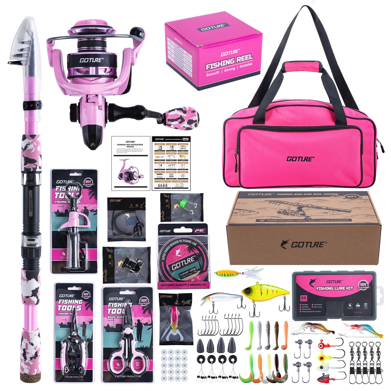 Goture Pink Fishing Rod and Reel Combos with 900D Oxford Bag, Telescopic Pole Spinning Reel Lures Set Bottle Opener, Telescopic Fishing Rod Fishing Kit for Travel Saltwater Freshwater 1.8M A