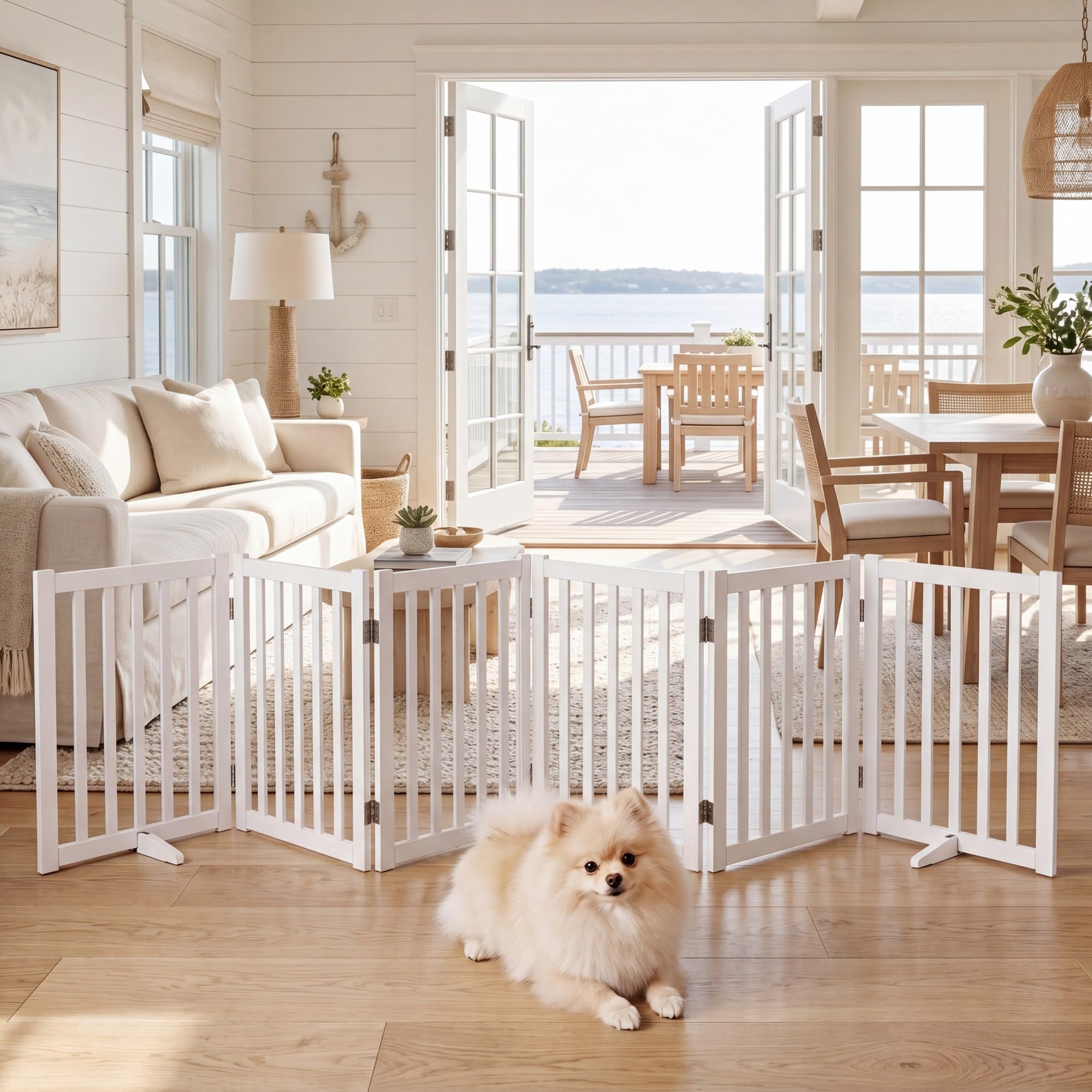 GYMAX Puerta para Perros de 6 Paneles, Valla Interior Plegable de Madera de Caucho con Patas de Apoyo, Barrera de Seguridad Portátil para Escaleras y Pasillos, Blanco