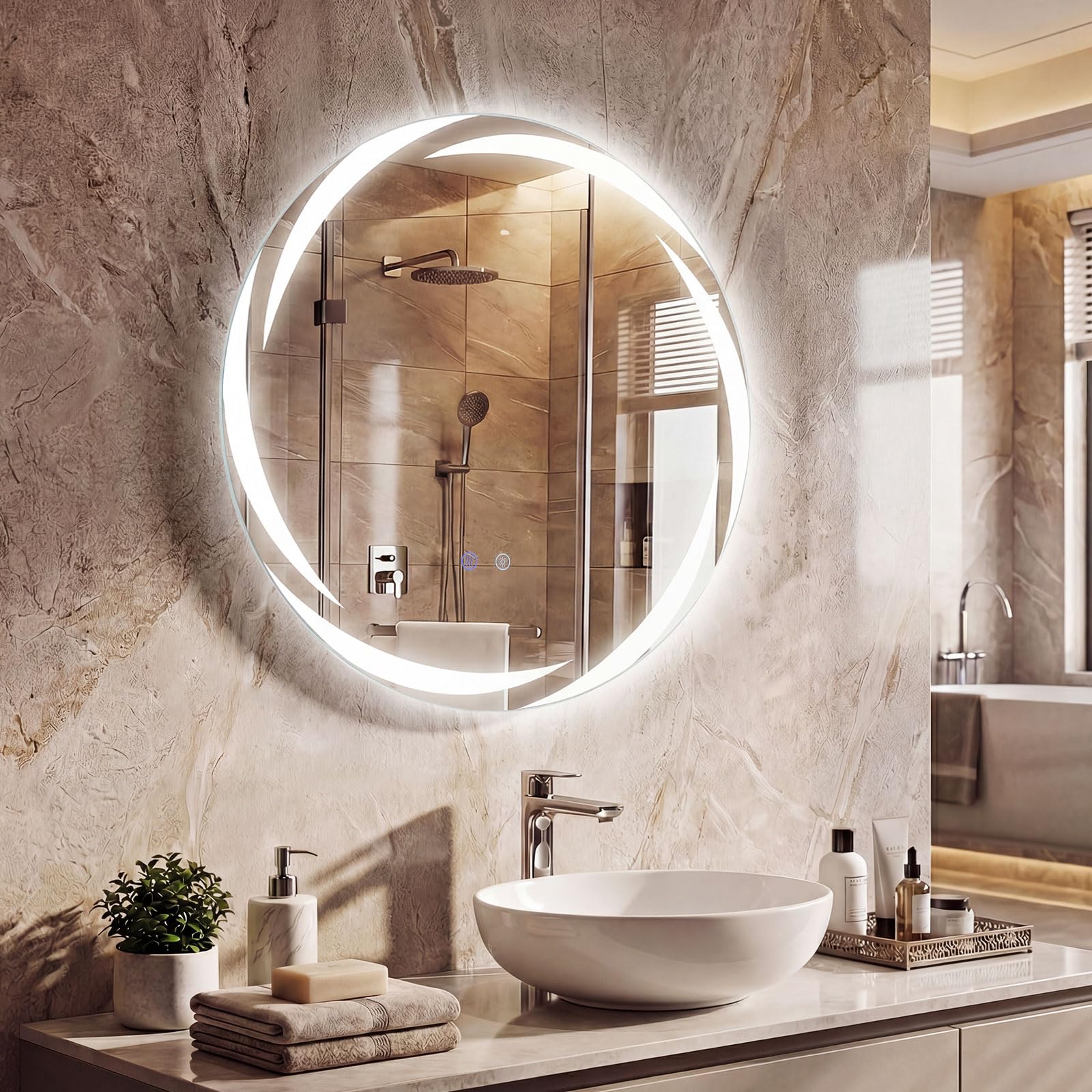 COSTWAY 600mm/700mm Round Bathroom Mirror with LED Lights, Illuminated Wall Mounted Vanity Mirror with Anti-Fog, 3-Color Dimmable & Memory Function, Tempered Glass LED Makeup Wall Mirrors, IP44 (60cm)