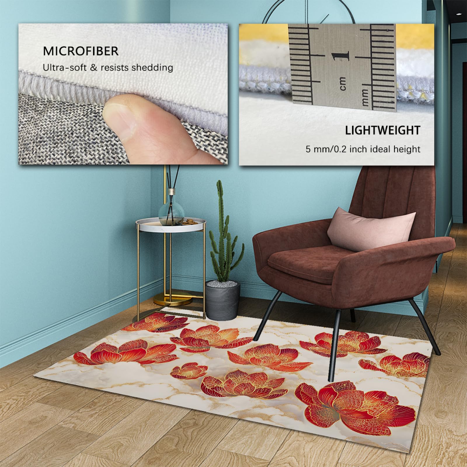 Orientalischer Retro-Teppich Maschinenwaschbarer Goldener roter Lotus und weißer Wolkenteppich für Küche Esszimmer Wohnzimmer niedriger Flor 100x150cm