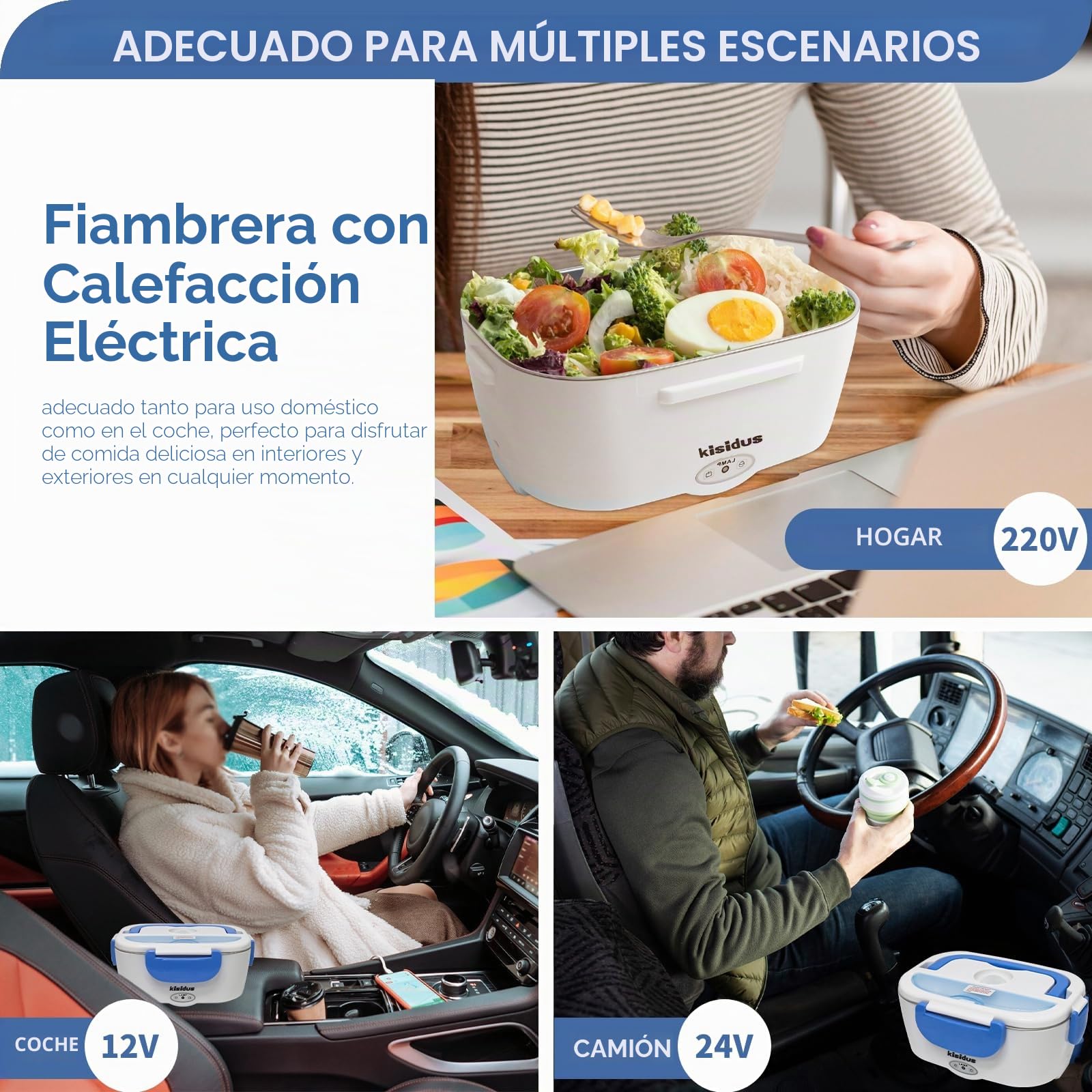 Fiambrera Electrica 3 en 1 60W,1.5L Calentador de Comida Electrico 12/24/220V para Coche/Camión y Trabajo Acero con Dos Compartimentos