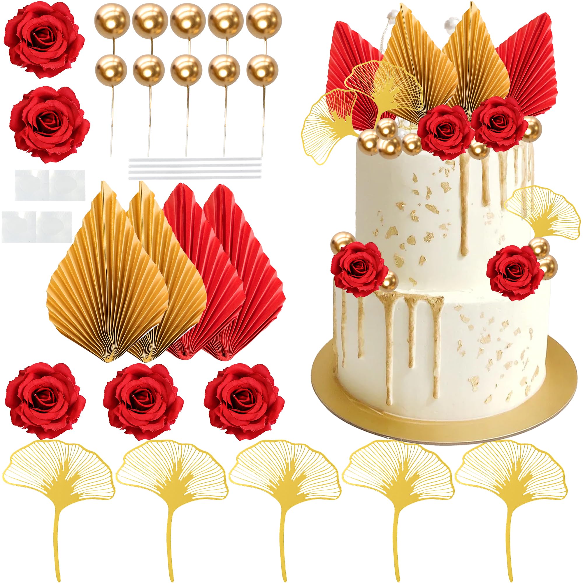 Ephlyn Red Rose Cake Topper Decorations Palm Leaf Foam Ball Cupcake Picks for Valentine's Day Birthday Wedding Party DIY Cake Decorations Supplies Gold Red
