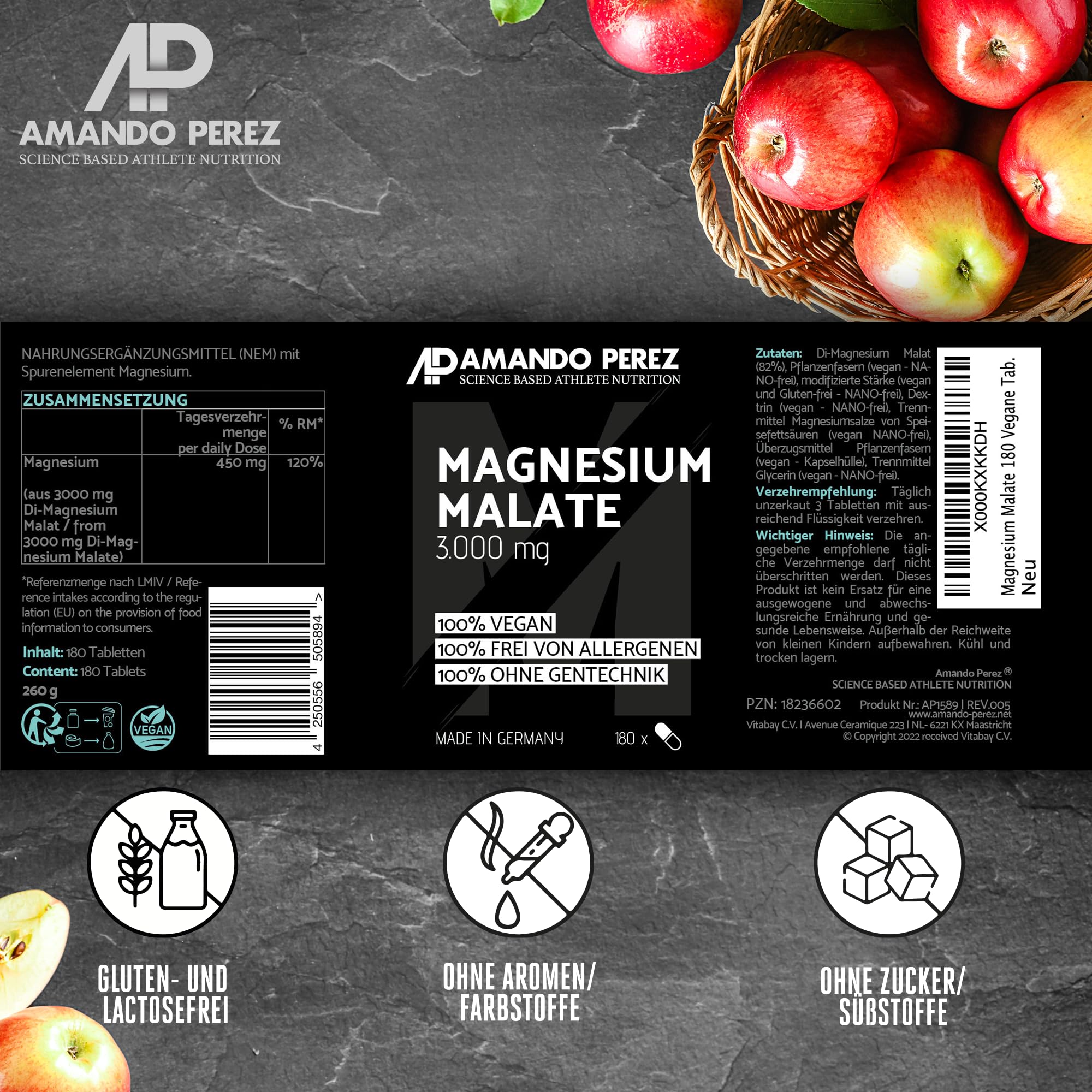 Amando Perez Magnesium Malat Tabletten 3000mg Hochdosiert - 540 Stück Magnesiummalat Vegan & Laborgeprüft (450mg Magnesium) Kapseln für Sport - Trägt zu einer normalen Muskelfunktion bei
