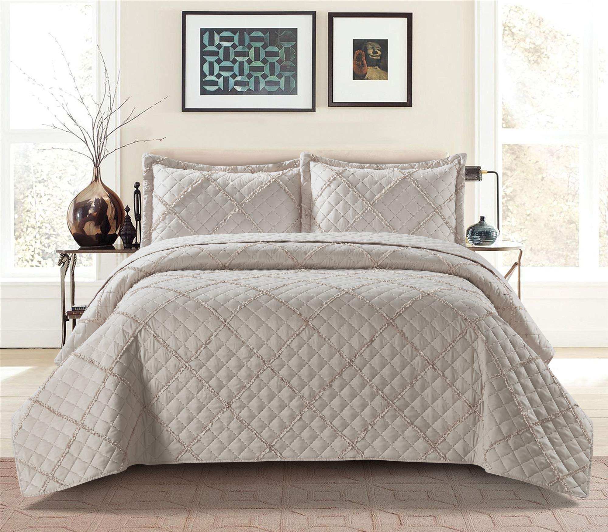 PRIME LINENS Quilted Bedspread Embossed Pattern Comforter Coverlet Bedding Set Bed Throw With 2 Pillow Shams (Ruffle Mink, King)