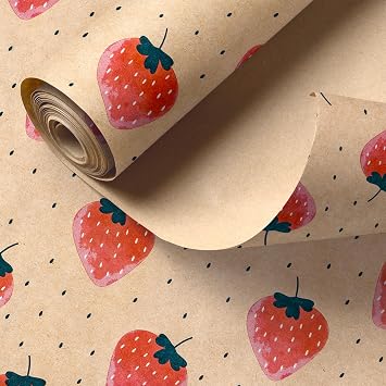RUSPEPA Strawberry Kraft Wrapping Paper Roll, Mini Roll, Pink Strawberry Design, Sweet Kraft Gift Wrap Paper for Girls, Birthday, Baby Shower, Wedding, Valentines Day, 17 Inches x 16.4 Feet