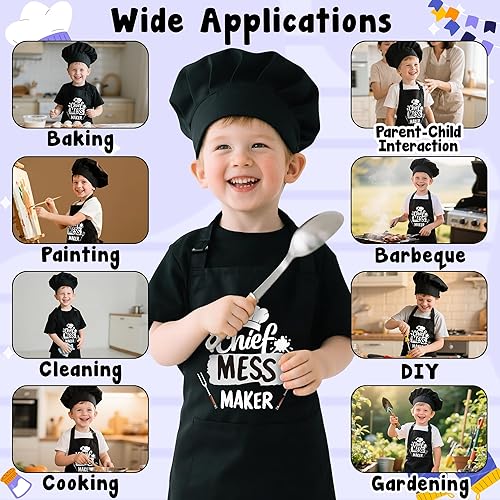 Miniatura 114 de R HORSE Juego de 2 delantales para niños y sombrero de chef, delantal de cocina azul ajustable para niños, kit de pintura y entrenamiento