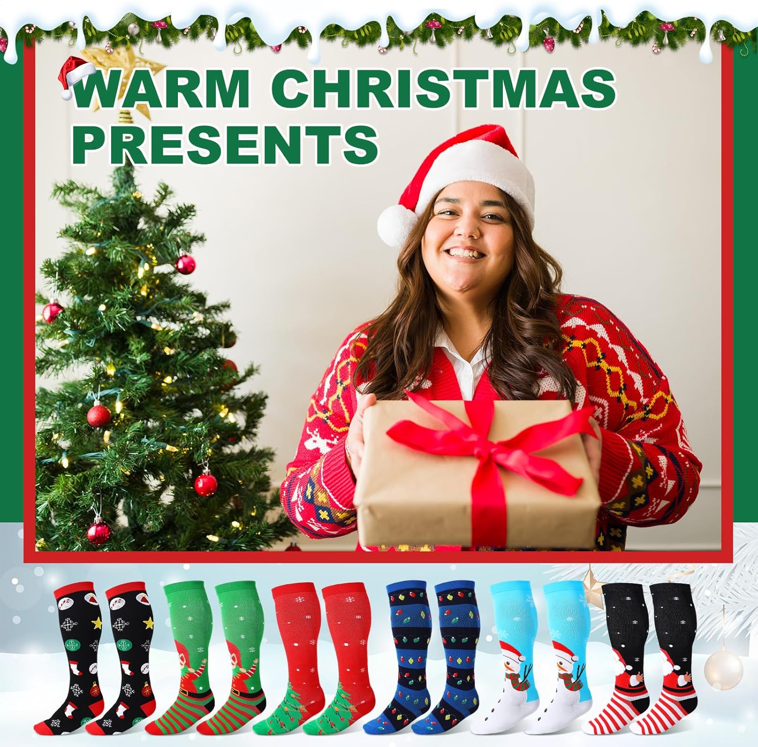 6 Pairs Plus Size Christmas Wide Calf Compression Socks for Women Men 20-30mmHg Support for Circulation - Image 8